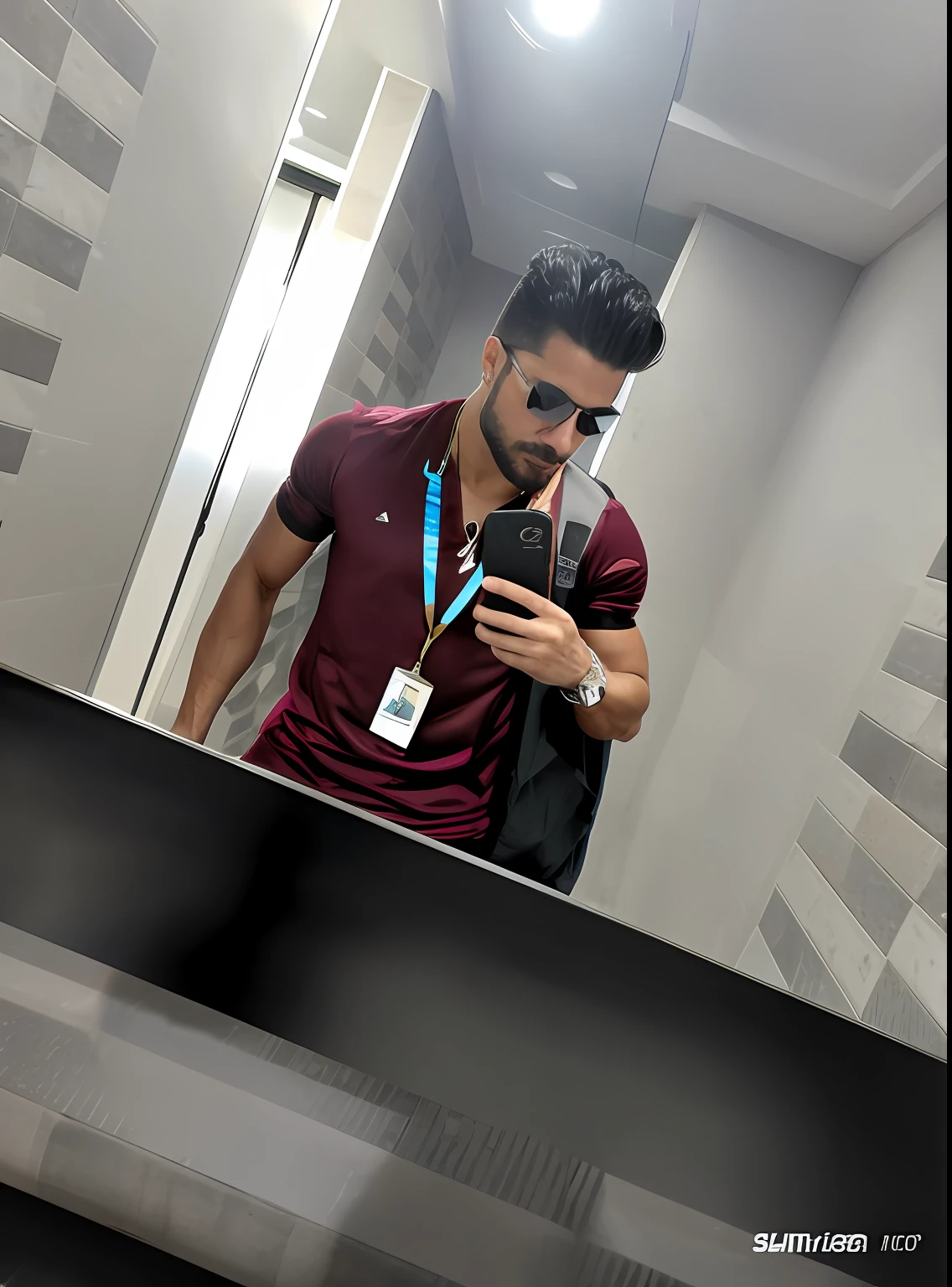 "Gym enthusiast flaunting a chiseled physique, sporting stylish black sunglasses and a sleek full-length t-shirt in matching tone."