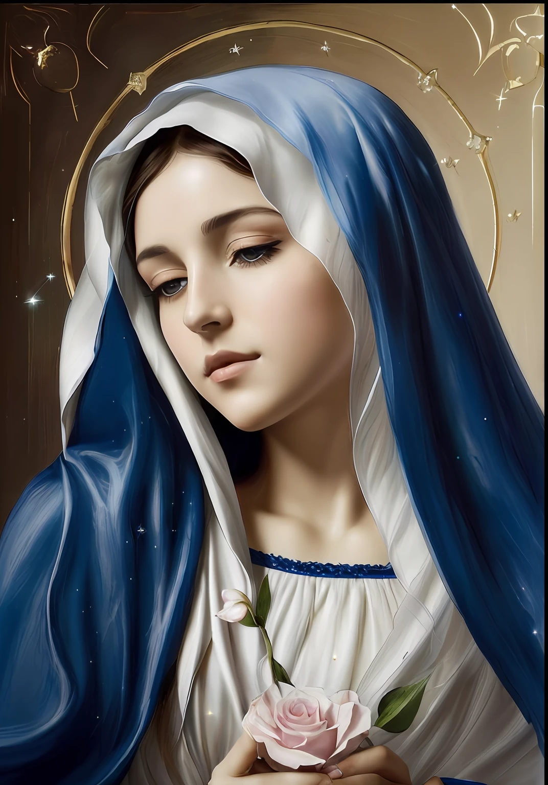 (((Blessed Virgin Mary))) Obra maestra, (La mejor calidad: 1.2), (super fine: 1.2), illustration, (extremadamente delicado y hermoso: 1.2), movie angle, flotante, (Hermoso ojo de detalle: 1.1), (detalle luz: 1.1), Movie Lights, Cielo delicado, ojos azules, (Cola de caballo alta: 1.1), capa, ojuelos, (luna: 1. 2), (Luz de la luna: 1.1), cielo estrellado, (light particles: 1.1) dibujo, flor. (Obra maestra), (La mejor calidad), (fotorrealista:1.3), 8k, Textura detallada de la piel, Textura detallada de la tela, Hermosa cara detallada, Detalles intrincados, Ultra detallado (cuerpo de cuerpo entero:1.2)