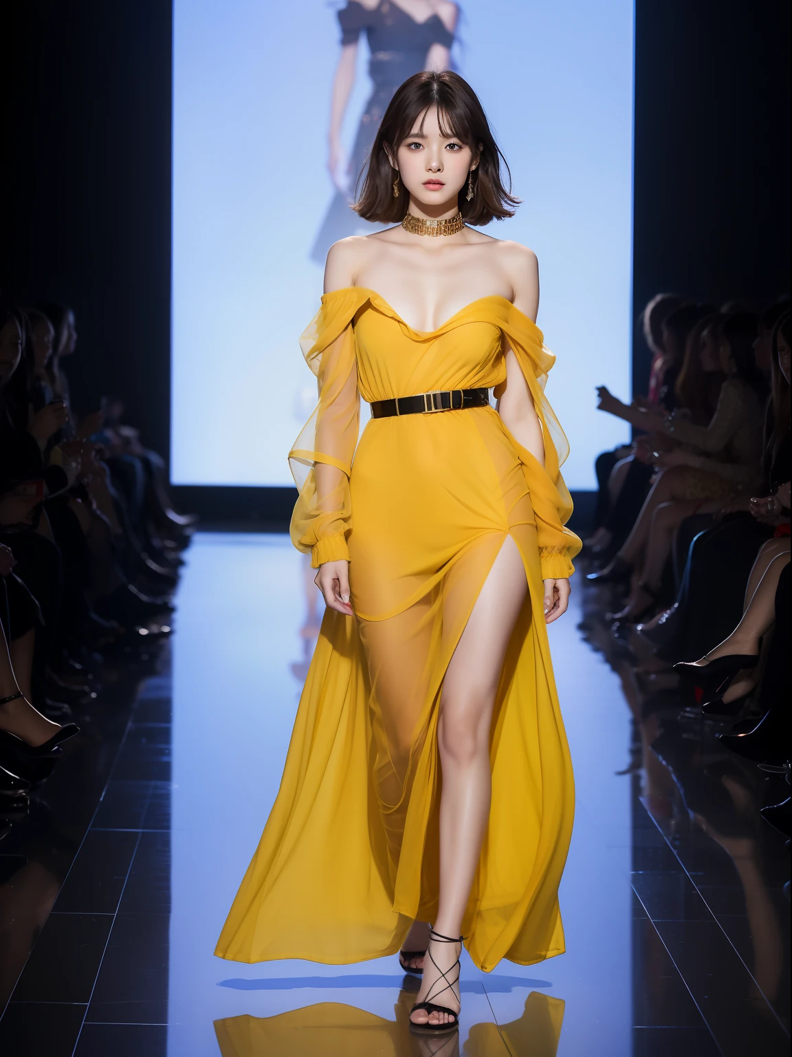 (Best quality, 8k, 32k, Masterpiece, UHD:1.2),Photo of Pretty Japanese woman, 1girl, (medium-short dark brown hair), double eyelid, fashion model, beautiful legs, contemporary cut,unique maxi very wet light yellow dress with slit, off-shoulder, gold belt, choker, stand tall, runway, huge stage, Paris Collection, nsfw, full body, see through,,see-through_blouses,breast_pasty