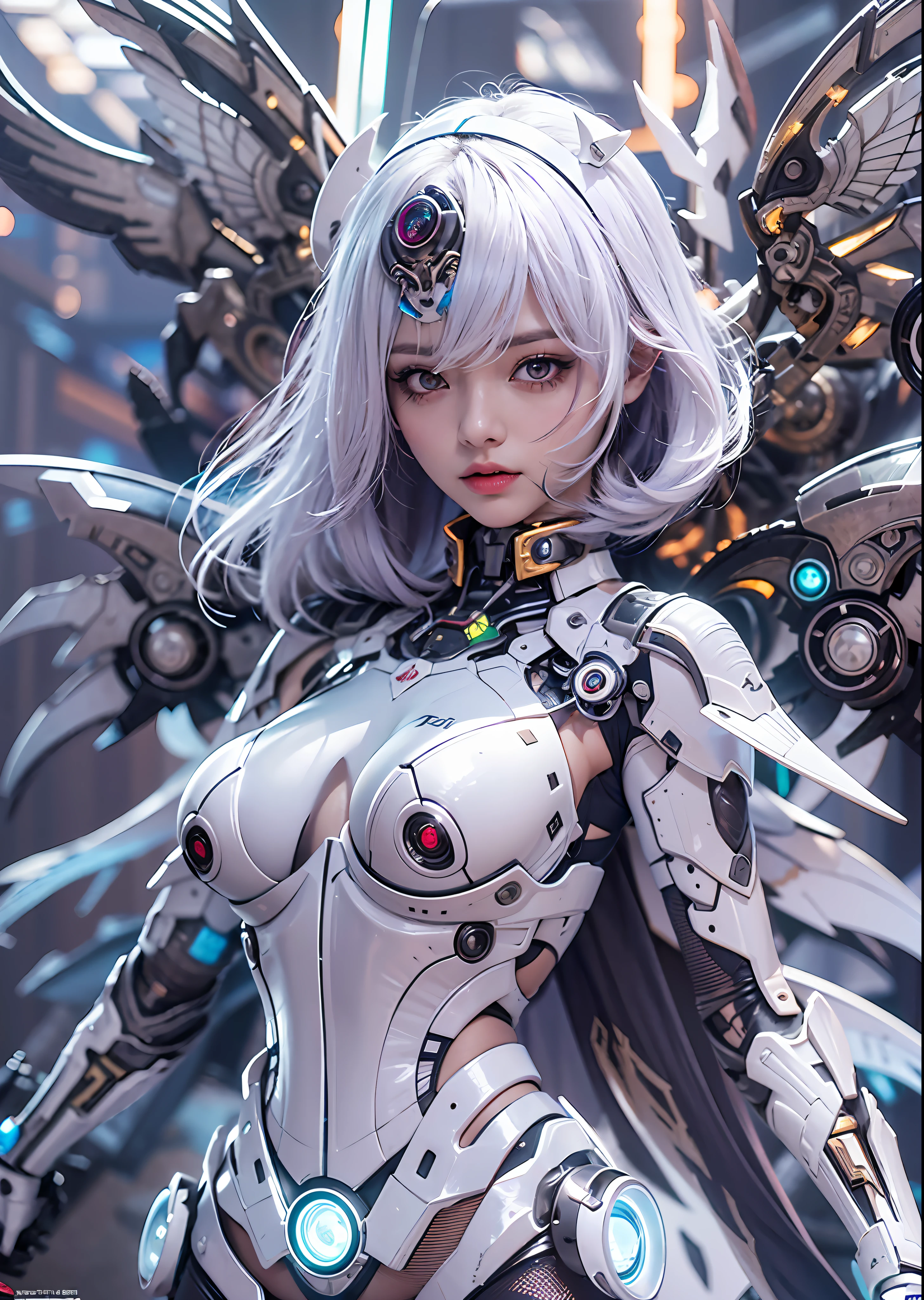 top-quality、masterpiece、超A high resolution、(Photorealsitic:1.4)、Raw photo、Battle Cyborg Angel、large wings made of metal、White porcelain body、Acrylic Clear Cover、white hair、glowy skin、1 Cyborg Girl、((super realistic details))、portlate、globalillumination、Shadow、octan render、8K、ultrasharp、character edge light,Colossal tits、Raw skin is exposed in cleavage、Details of complex ornaments、Gothloli details、Hydraulic cylinder、Small LED lamp、highly intricate detail、Realistic light、a purple eye、radiant eyes、Facing the camera、neon details、cowboy shot、Futuristic headgear、About Cyberpunk、、