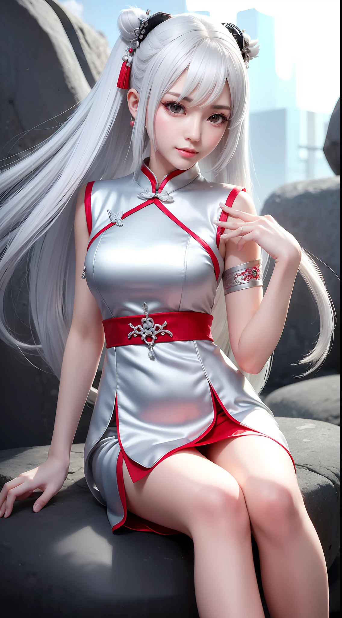 1Blittle girl，Long silver-white hair that reaches the waist，Sad face details，Gray-red cheongsam，Long legs，skin is delicate，Microphone in hand，Explosive effect，Sit on a stone platform，