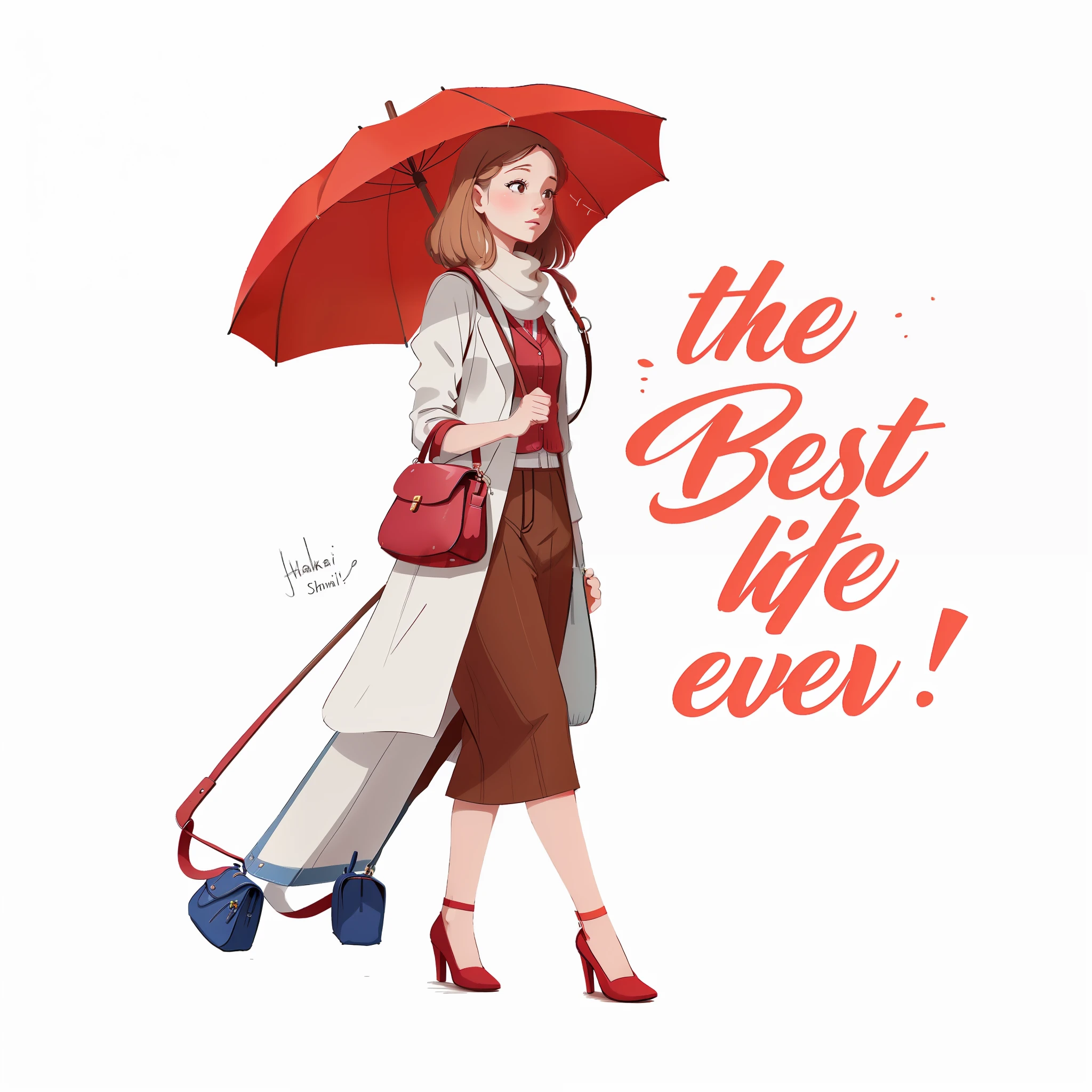 There's a woman with an umbrella and a bag walking around,