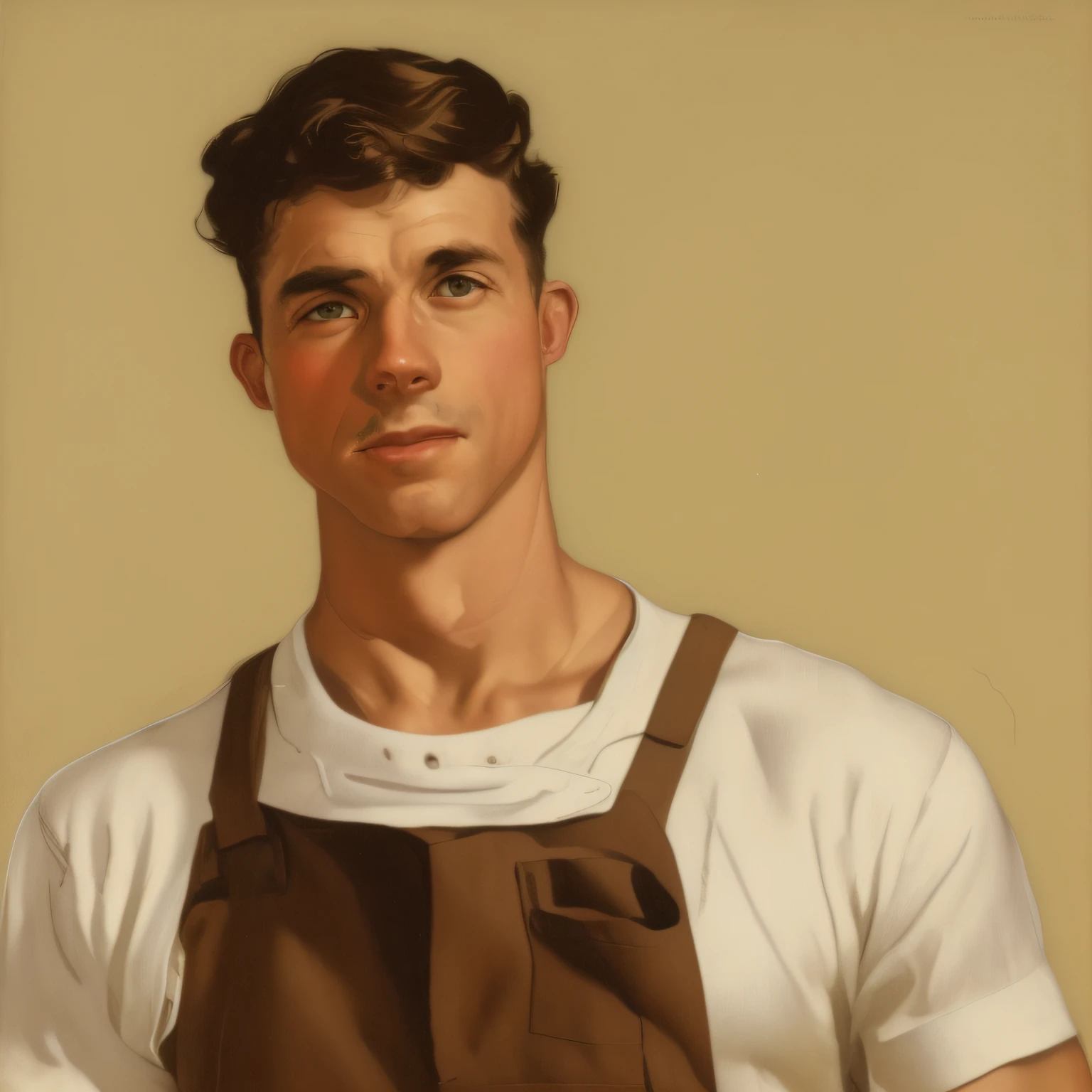 Painting of a man in overalls and white shirt, inspirado em Peter Rockwell, artist wearing overalls, Nelson Kenton, Directed by: Jon Whitcomb, Directed by: Morris Kestelman, starving artist wearing overalls, Directed by: Peter Rockwell, inspirado em Richard Rockwell, Raphael Hopper, Bo Bartlett, Directed by: Saul Tepper, Estilo Norman Rockwell, Norman Rockwell Ross Tran