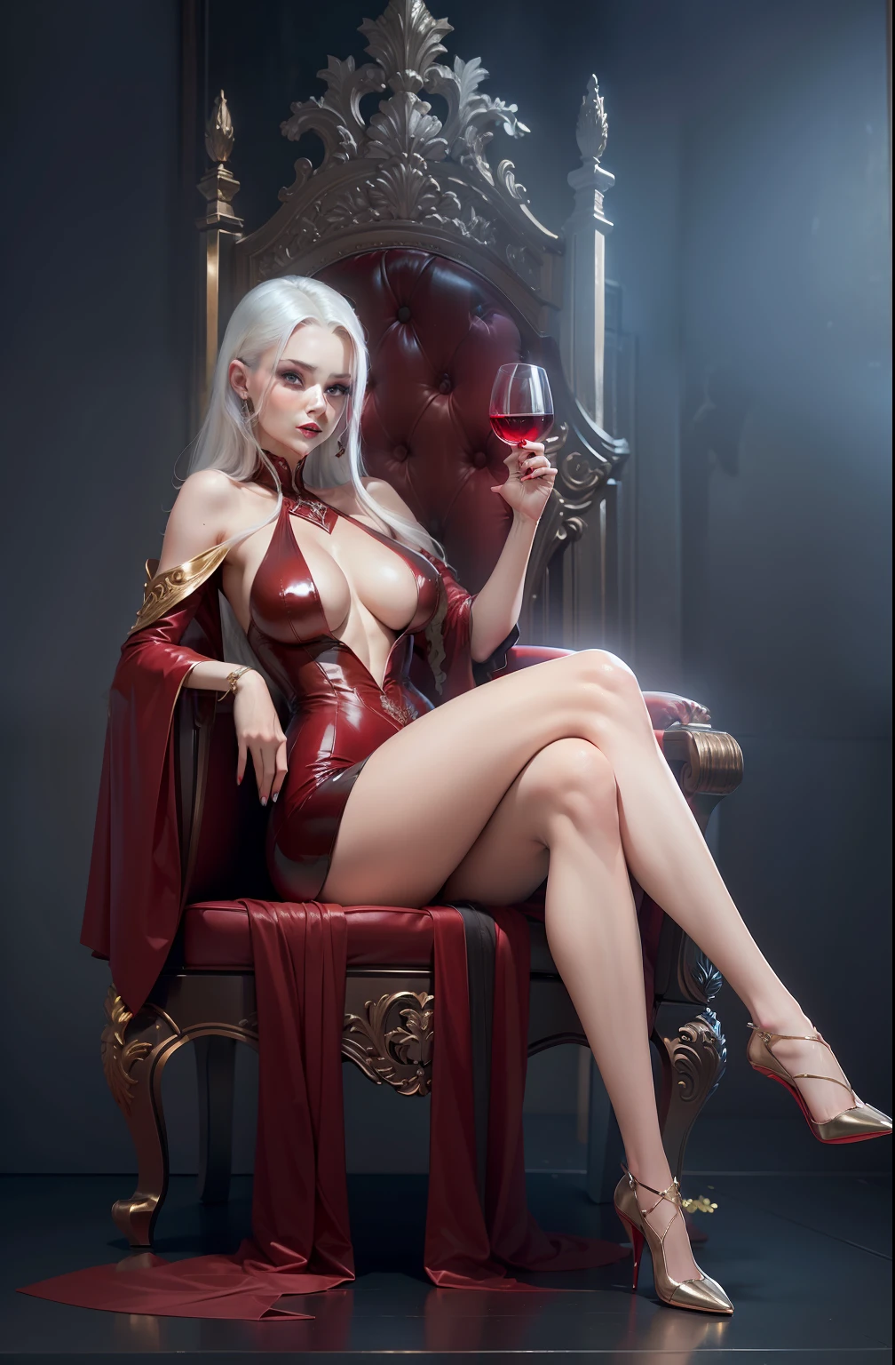 A naughty girl sitting on chair, wearing luxurious red dress, white hair, blue eyes, red lips, sensuality, holding glass of wine, high heels, elegant pose, Big breast((nipple)), skinny legs, beautiful girl, masterpiece, best quality, 8k, high resolution, ultra realistic,