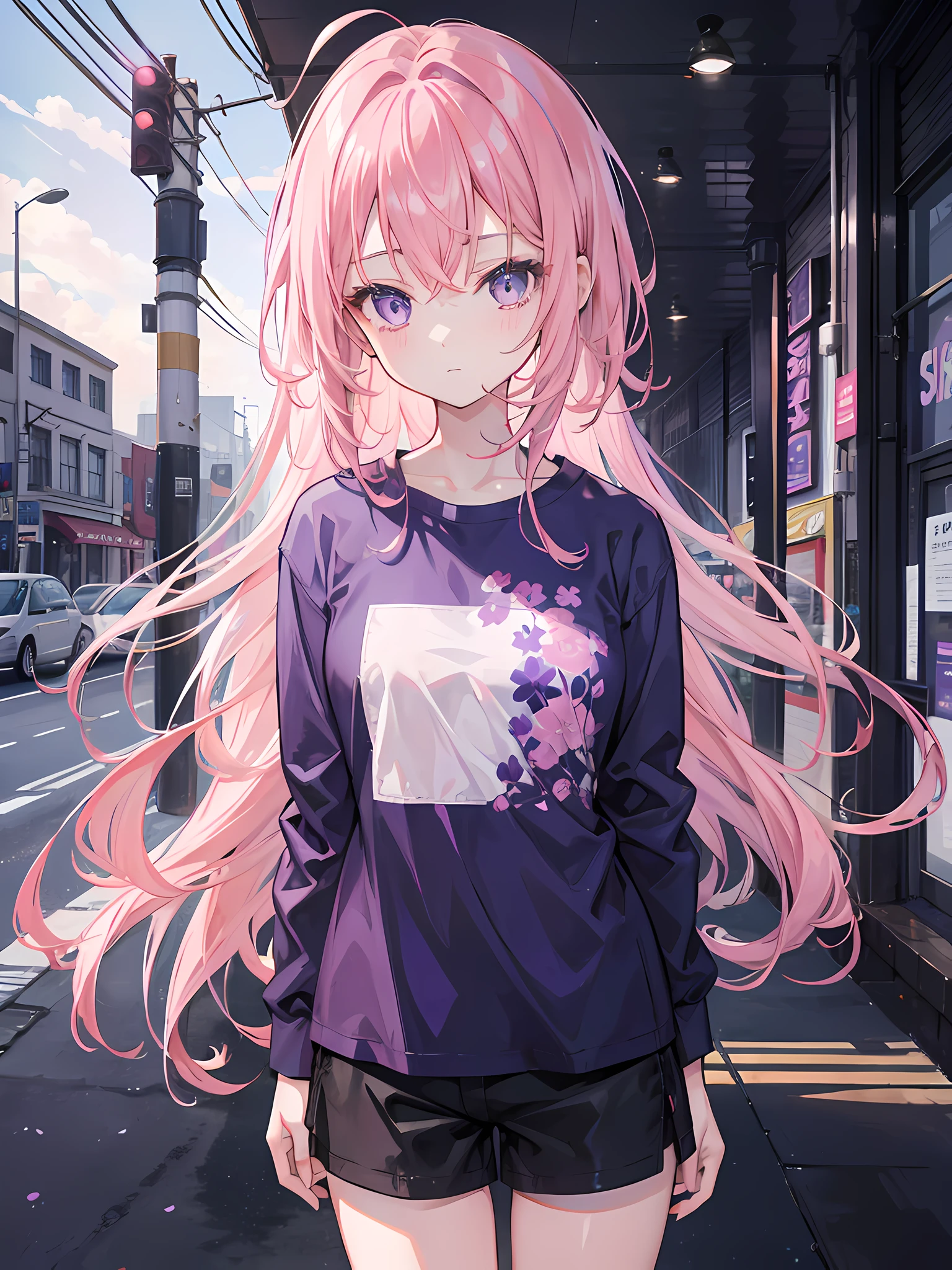 1girl, medium pink hair, purple eyes, wearing dark blue shirt with patterns, shorts, city, absurdres, high res, ultrasharp, 8K, masterpiece, looking at viewer, confident