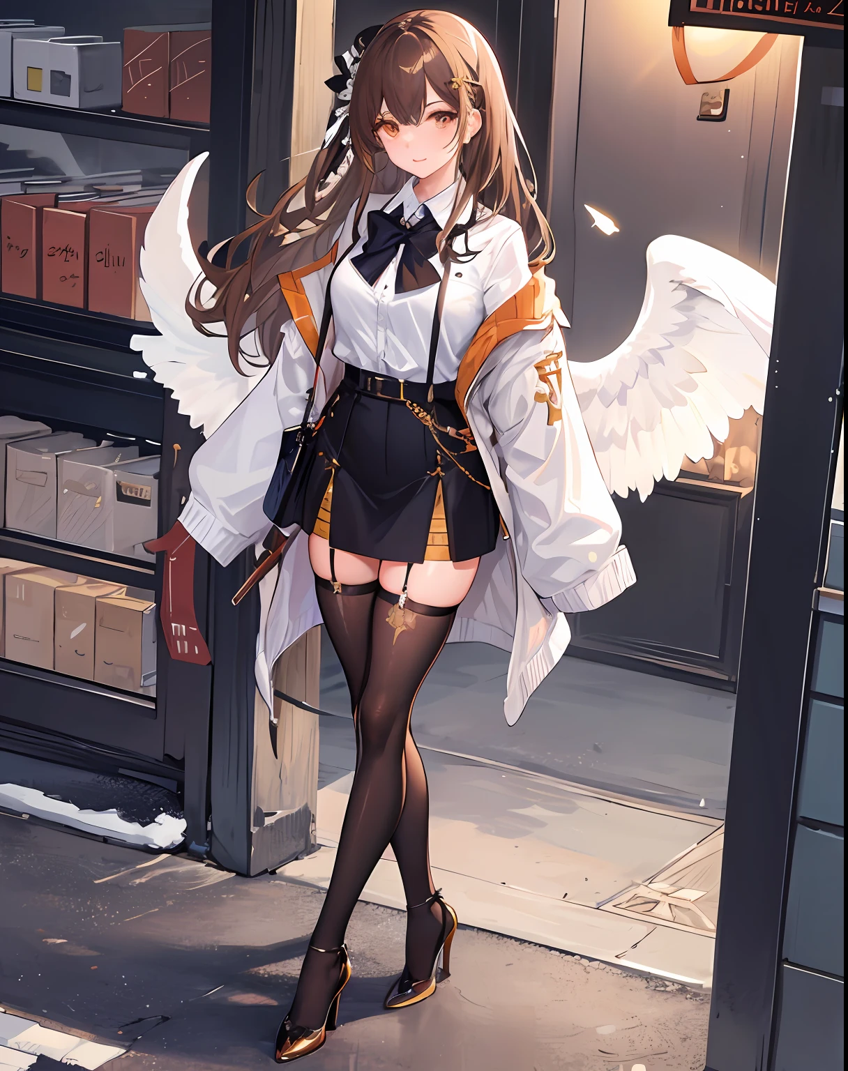 1girll,,Wings,
exteriors,the street,view over city,Sweaters,natta,high-heels,whitesweater,Black and white high heels,Pattern,decor,Golden hair,Brown hair,frilld,Lace trim,Clothing style, Clothing prints,Bangs trimmed,The wand rested between his thighs,Translucent skirt,standing on your feet,eyes glowing,Raised sexy,lipsticks,art-deco,,Cross stickers,Rune stockings,With the holy sword,Collar,Insertion into the ,Cross leg ring,Blood,banknotes,Masturbation,Bow knot,drools,White liquid,tilt,lovemaking