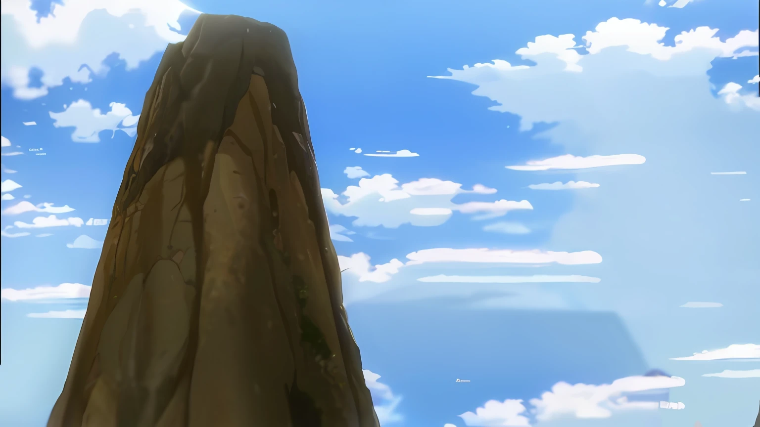 Hay una imagen de una roca muy alta en el cielo, Roca polvorienta en el fondo, Giant and imposing mountain, Captura de pantalla de un anime de 2012, Captura de pantalla de anime, Big Mountain, today's featured anime still, Screenshot of anime movie, Captura de pantalla de Guro Anime, Gran roca afilada, Captura de pantalla del anime, en una obra maestra del anime, Leyenda del entorno de Korra