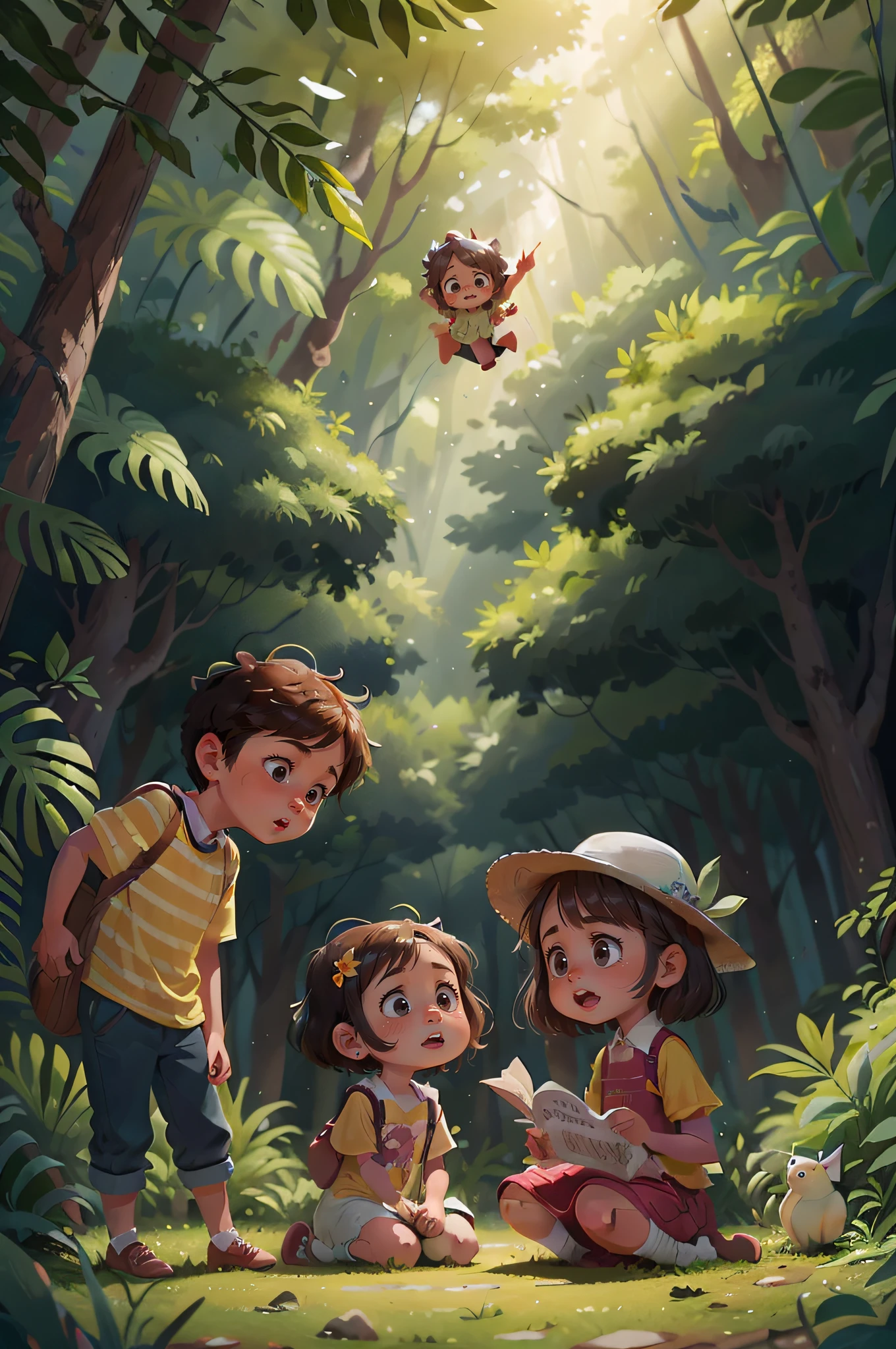 Desenhe os dois s e as duas meninan, MARIA, Pedro e Laura, animados enquanto exploram a floresta. Eles encontram um mapa escondido entre as folhas, with curious and emotional expressions.