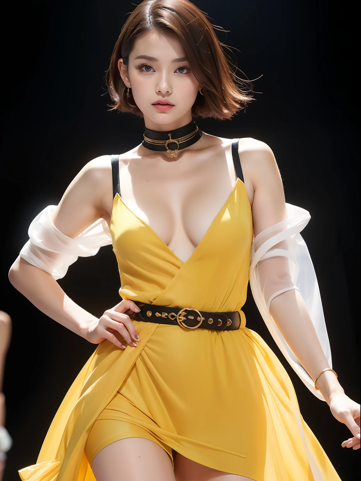 (Best quality, 8k, 32k, Masterpiece, UHD:1.2),Photo of Pretty Japanese woman, 1girl, (medium-short dark brown hair), double eyelid, fashion model, beautiful legs, contemporary cut,unique maxi very wet light yellow dress with slit, off-shoulder, gold belt, choker, stand tall, runway, huge stage, Paris Collection, nsfw, full body, see through,,see-through_blouses,breast_pasty