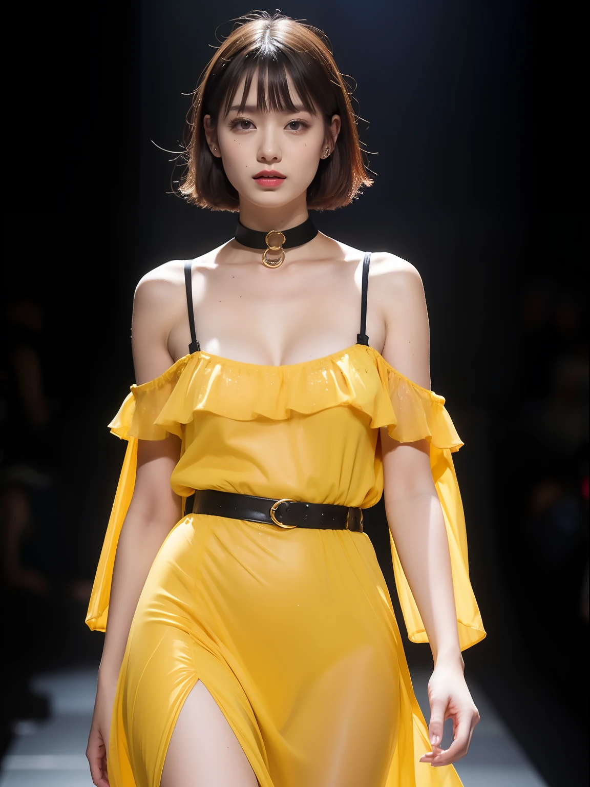 (Best quality, 8k, 32k, Masterpiece, UHD:1.2),Photo of Pretty Japanese woman, 1girl, (medium-short dark brown hair), double eyelid, fashion model, beautiful legs, contemporary cut，unique maxi very wet light yellow dress with slit, off-shoulder, gold belt, choker, stand tall, runway, huge stage, Paris Collection, nsfw, full body, see through,,see-through_blouses,breast_pasty