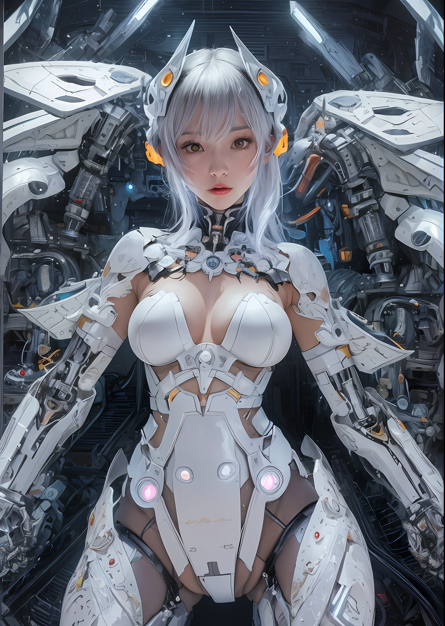 top-quality、masterpiece、超A high resolution、(Photorealsitic:1.4)、Raw photo、Battle Cyborg Angel、large wings made of metal、White porcelain body、Acrylic Clear Cover、white hair、glowy skin、1 Cyborg Girl、((super realistic details))、portlate、globalillumination、Shadow、octan render、8K、ultrasharp、character edge light,Colossal tits、Raw skin is exposed in cleavage、Details of complex ornaments、Gothloli details、Hydraulic cylinder、Small LED lamp、highly intricate detail、Realistic light、a purple eye、radiant eyes、Facing the camera、neon details、cowboy shot、Futuristic headgear、About Cyberpunk、、