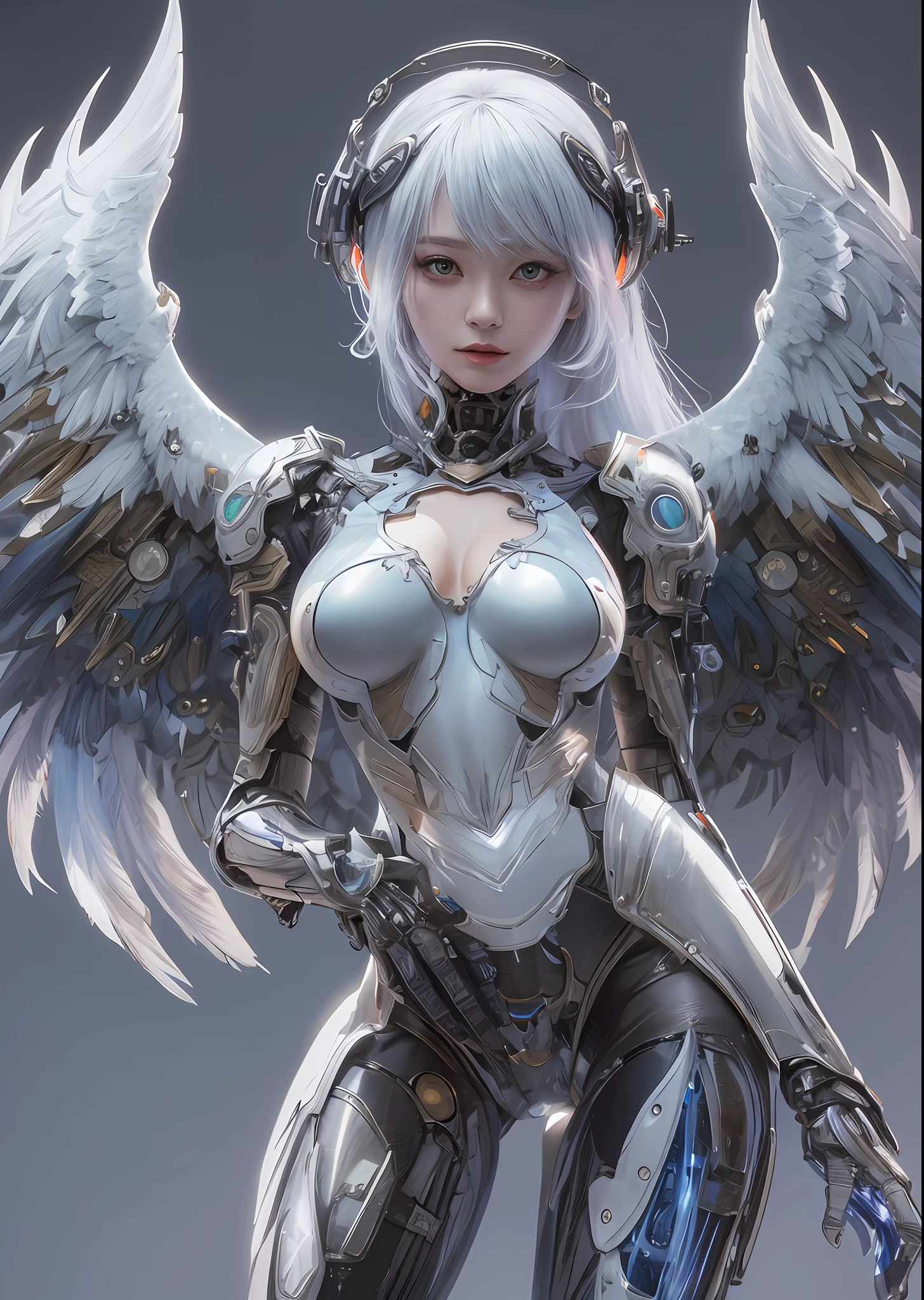 top-quality、masterpiece、超A high resolution、(Photorealsitic:1.4)、Raw photo、Battle Cyborg Angel、large wings made of metal、White porcelain body、Acrylic Clear Cover、white hair、glowy skin、1 Cyborg Girl、((super realistic details))、portlate、globalillumination、Shadow、octan render、8K、ultrasharp、character edge light,Colossal tits、Raw skin is exposed in cleavage、Details of complex ornaments、Gothloli details、Hydraulic cylinder、Small LED lamp、highly intricate detail、Realistic light、a purple eye、radiant eyes、Facing the camera、neon details、cowboy shot、Futuristic headgear、About Cyberpunk、、