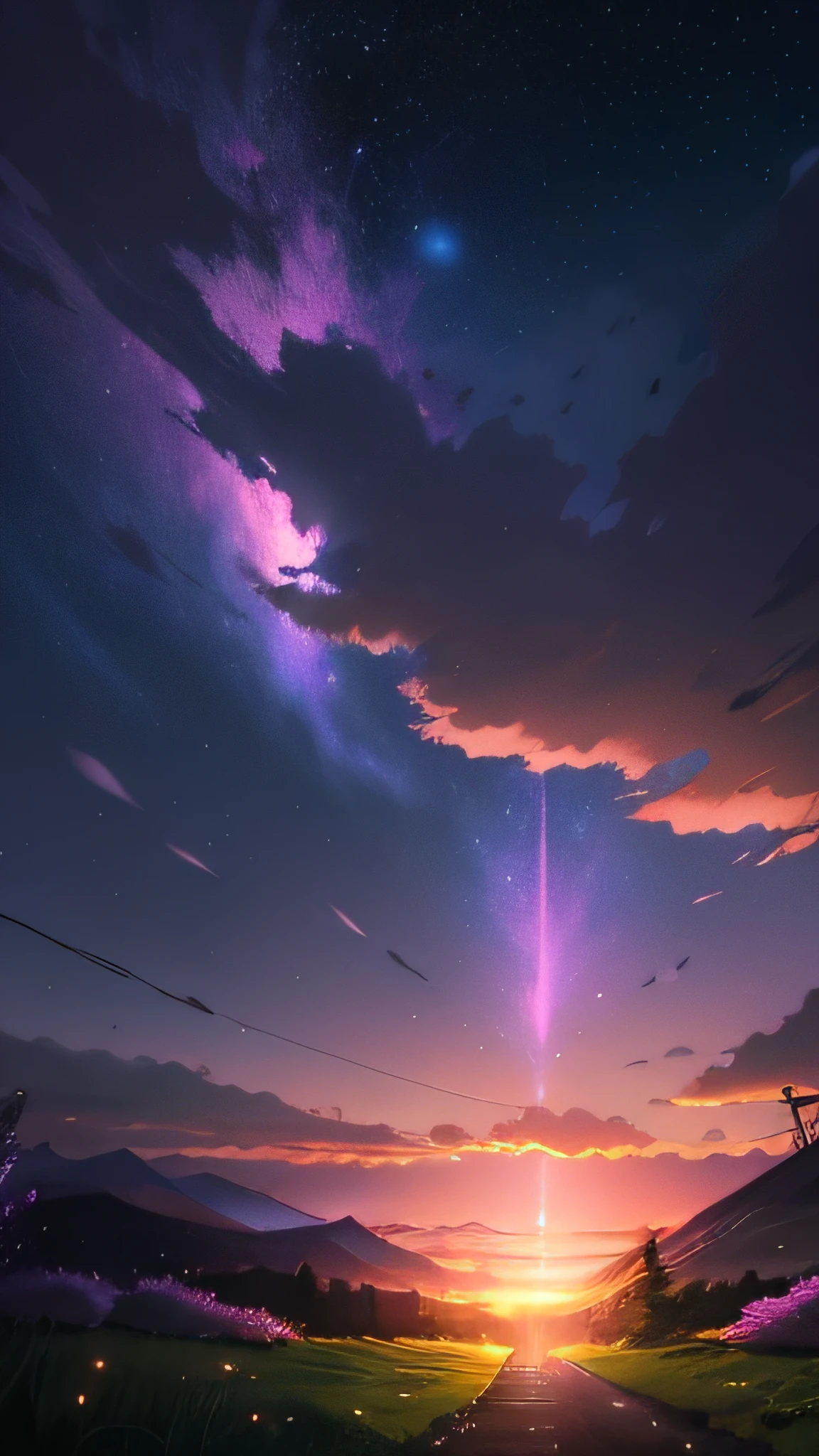 Bright picture, full of light, (((Makoto Shinkai style)), pixiv, anime painting, high quality, pink and violet sky, beautiful scene), (universe, train passing by, magical realism, ((makoto shinkai style)) ::0.8), [artistic atmosphere, atmosphere:0.8, starry sky, hills, snowy mountains, sparkling water, grass, trees, smoke, stars, low viewing angle, high light scattering