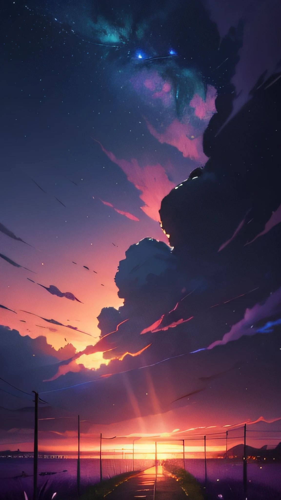 Bright picture, full of light, (((Makoto Shinkai style)), pixiv, anime painting, high quality, pink and violet sky, beautiful scene), (universe, train passing by, magical realism, ((makoto shinkai style)) ::0.8), [artistic atmosphere, atmosphere:0.8, starry sky, hills, snowy mountains, sparkling water, grass, trees, smoke, stars, low viewing angle, high light scattering