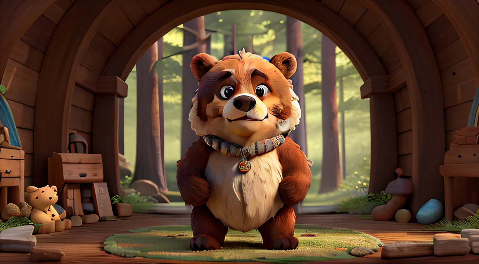"image of the wise bear Baloo, in the midst of 5 different forest animals" ((Best quality)), ((masterpiece)), (detailed: 1.4), 3D.