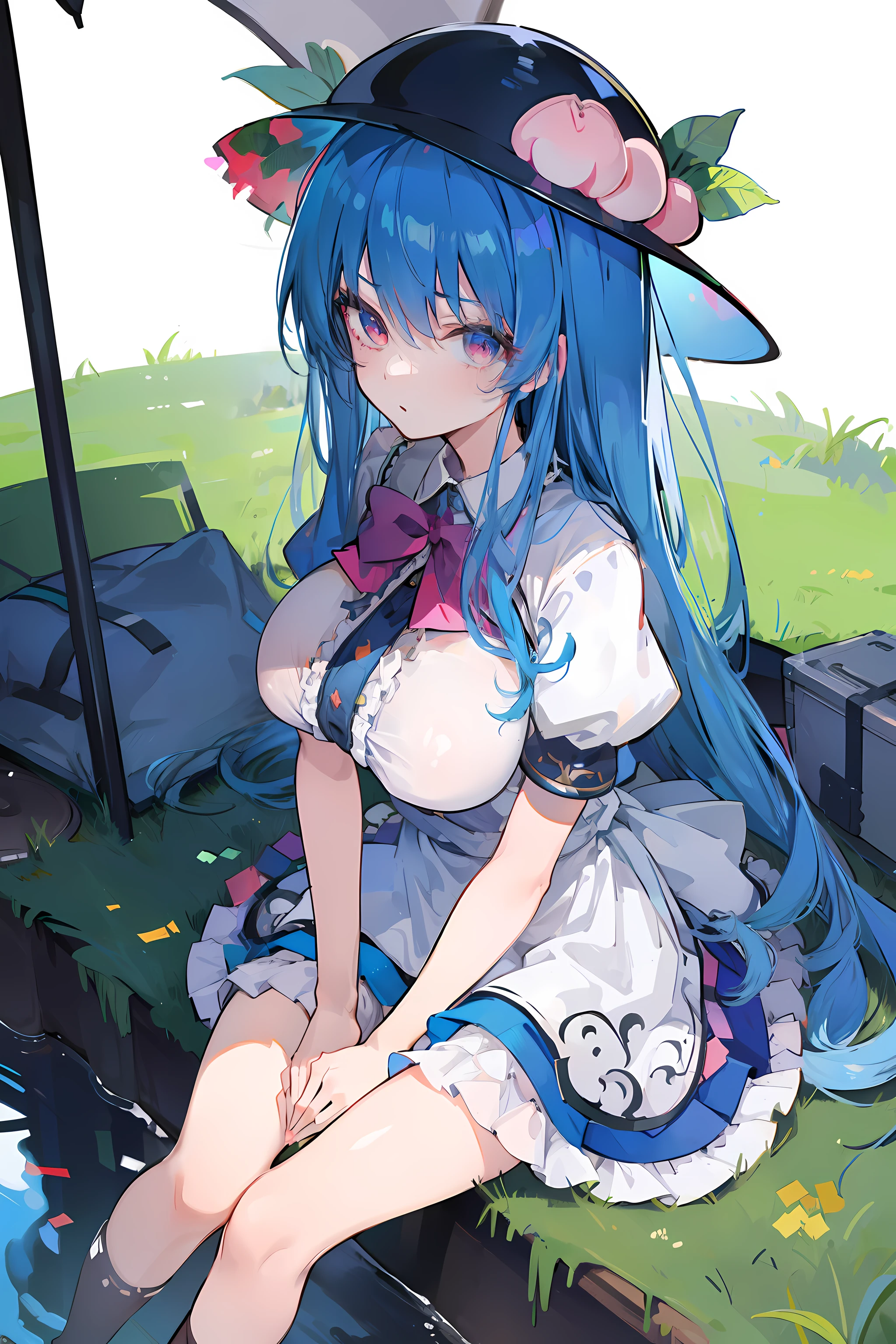 (masterpiece),best quality, expressive eyes, perfect face,w sitting, w sitting on ground, legs on ground, 1girl,
big breast, H-cup, good breast, crossing arms, beautiful, gorgeous,anime,girl,lora,hinanawi tenshi, blue hair, blue haired,tent boobs, tent chest, tent breast, floating clothes