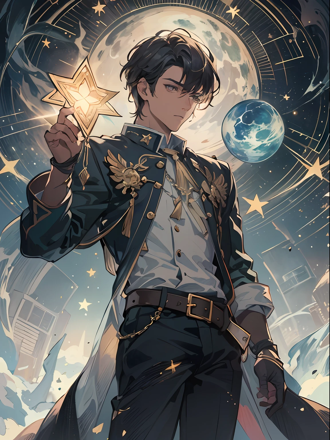 (1man), solo, masterpiece, {{{best quality}}}, {{ultra-detailed}}, {illustration}, cinematic angle, {detailed light},cinematic lighting, handsome man, short hair. The_Star, star (symbol), cosmic, tarot card style