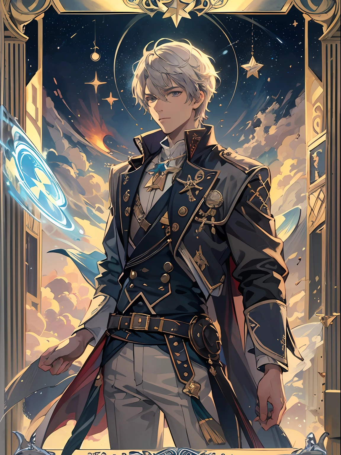 (1man), solo, masterpiece, {{{best quality}}}, {{ultra-detailed}}, {illustration}, cinematic angle, {detailed light},cinematic lighting, handsome man, short hair. The_Star, star (symbol), cosmic, tarot card style