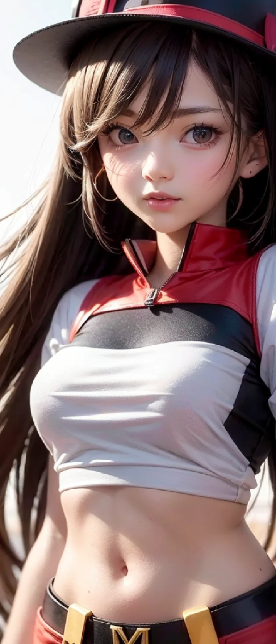 Close up portrait of a person in a hat and shirt, her navel is exposed, waist - shot, Physical : tinyest midriff ever, real life anime girl, tinyest midriff ever, leaked photo, on a gundam, style of macross, close up half body shot, Very accurate photos