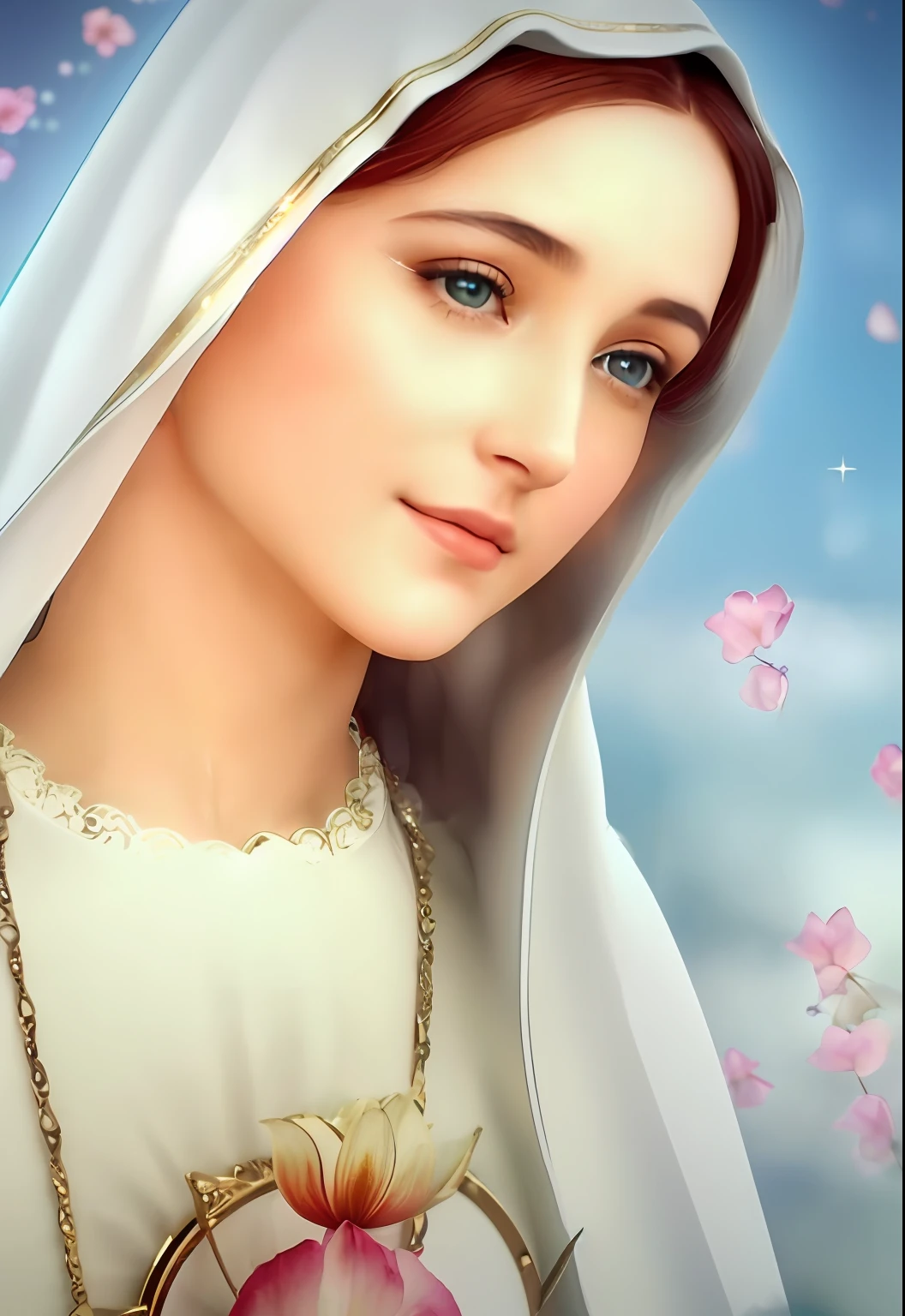 (((Blessed Virgin Mary))) Obra maestra, (La mejor calidad: 1.2), (super fine: 1.2), illustration, (extremadamente delicado y hermoso: 1.2), movie angle, flotante, (Hermoso ojo de detalle: 1.1), (detalle luz: 1.1), Movie Lights, Cielo delicado, ojos azules, (Cola de caballo alta: 1.1), capa, ojuelos, (luna: 1. 2), (Luz de la luna: 1.1), cielo estrellado, (light particles: 1.1) dibujo, flor. (Obra maestra), (La mejor calidad), (fotorrealista:1.3), 8k, Textura detallada de la piel, Textura detallada de la tela, Hermosa cara detallada, Detalles intrincados, Ultra detallado (cuerpo de cuerpo entero:1.2)