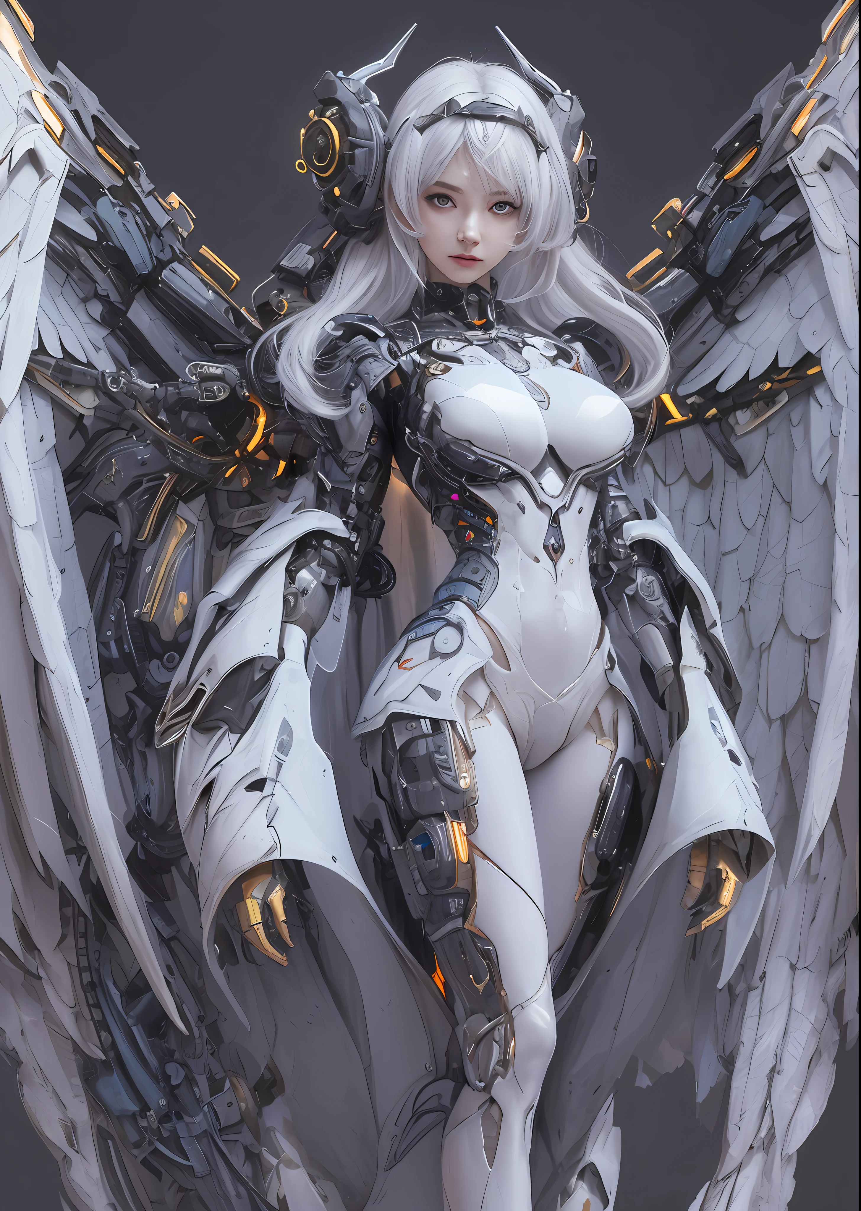 top-quality、masterpiece、超A high resolution、(Photorealsitic:1.4)、Raw photo、Battle Cyborg Angel、large wings made of metal、White porcelain body、Acrylic Clear Cover、white hair、glowy skin、1 Cyborg Girl、((super realistic details))、portlate、globalillumination、Shadow、octan render、8K、ultrasharp、character edge light,Colossal tits、Raw skin is exposed in cleavage、Details of complex ornaments、Gothloli details、Hydraulic cylinder、Small LED lamp、highly intricate detail、Realistic light、a purple eye、radiant eyes、Facing the camera、neon details、cowboy shot、Futuristic headgear、About Cyberpunk、、