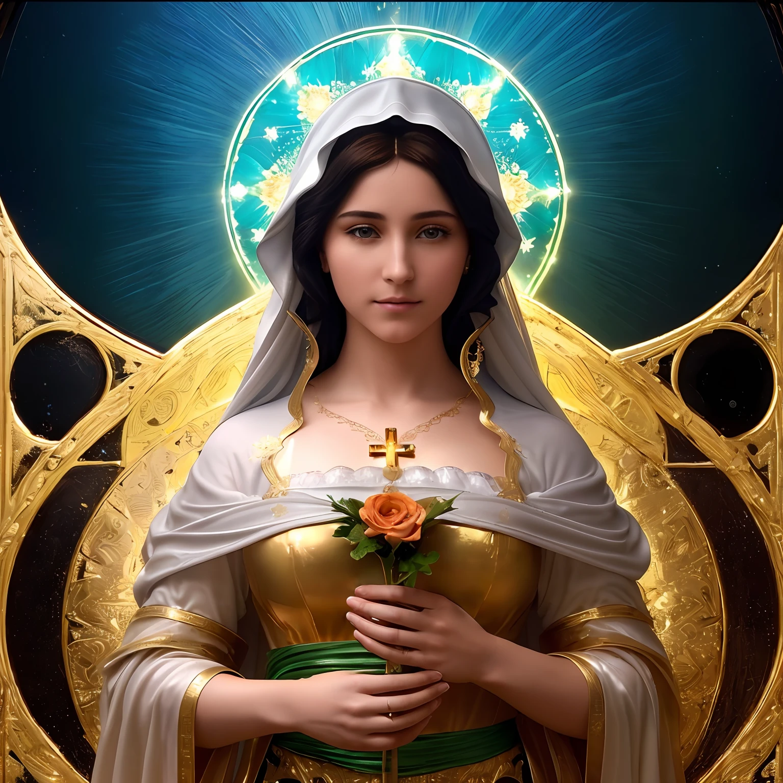 (((Blessed Virgin Mary))) Obra maestra, (La mejor calidad: 1.2), (super fine: 1.2), illustration, (extremadamente delicado y hermoso: 1.2), movie angle, flotante, (Hermoso ojo de detalle: 1.1), (detalle luz: 1.1), Movie Lights, Cielo delicado, ojos azules, (Cola de caballo alta: 1.1), capa, ojuelos, (luna: 1. 2), (Luz de la luna: 1.1), cielo estrellado, (light particles: 1.1) dibujo, flor. (Obra maestra), (La mejor calidad), (fotorrealista:1.3), 8k, Textura detallada de la piel, Textura detallada de la tela, Hermosa cara detallada, Detalles intrincados, Ultra detallado (cuerpo de cuerpo entero:1.2)