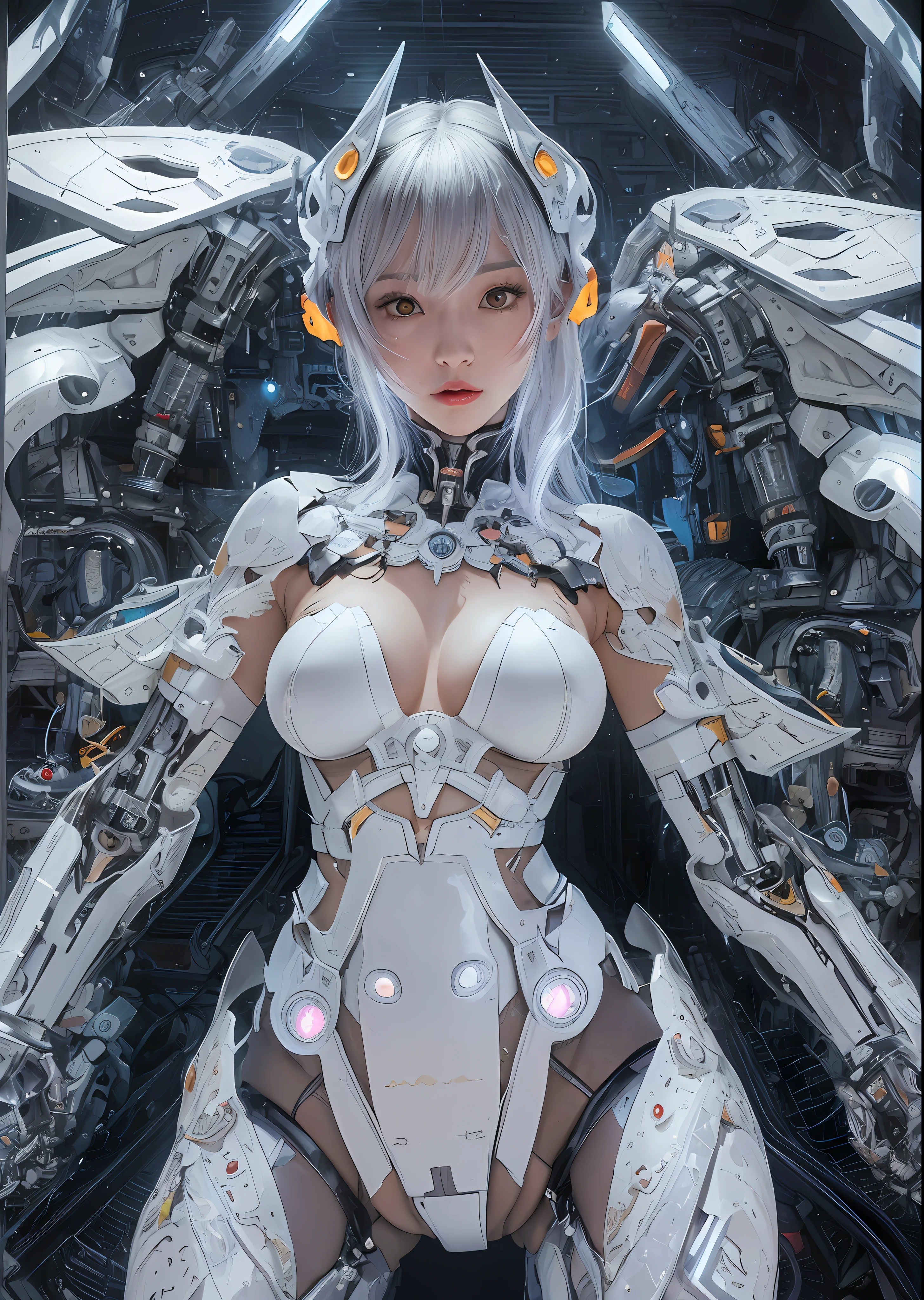 top-quality、​masterpiece、超A high resolution、(Photorealsitic:1.4)、Raw photo、Battle Cyborg Angel、large wings made of metal、White porcelain body、Acrylic Clear Cover、white  hair、glowy skin、1 Cyborg Girl、((super realistic details))、portlate、globalillumination、Shadow、octan render、8K、ultrasharp、character edge light,Colossal tits、Raw skin is exposed in cleavage、Details of complex ornaments、Gothloli details、Hydraulic cylinder、Small LED lamp、highly intricate detail、Realistic light、a purple eye、radiant eyes、Facing the camera、neon details、cowboy  shot、Futuristic headgear、About Cyberpunk、、