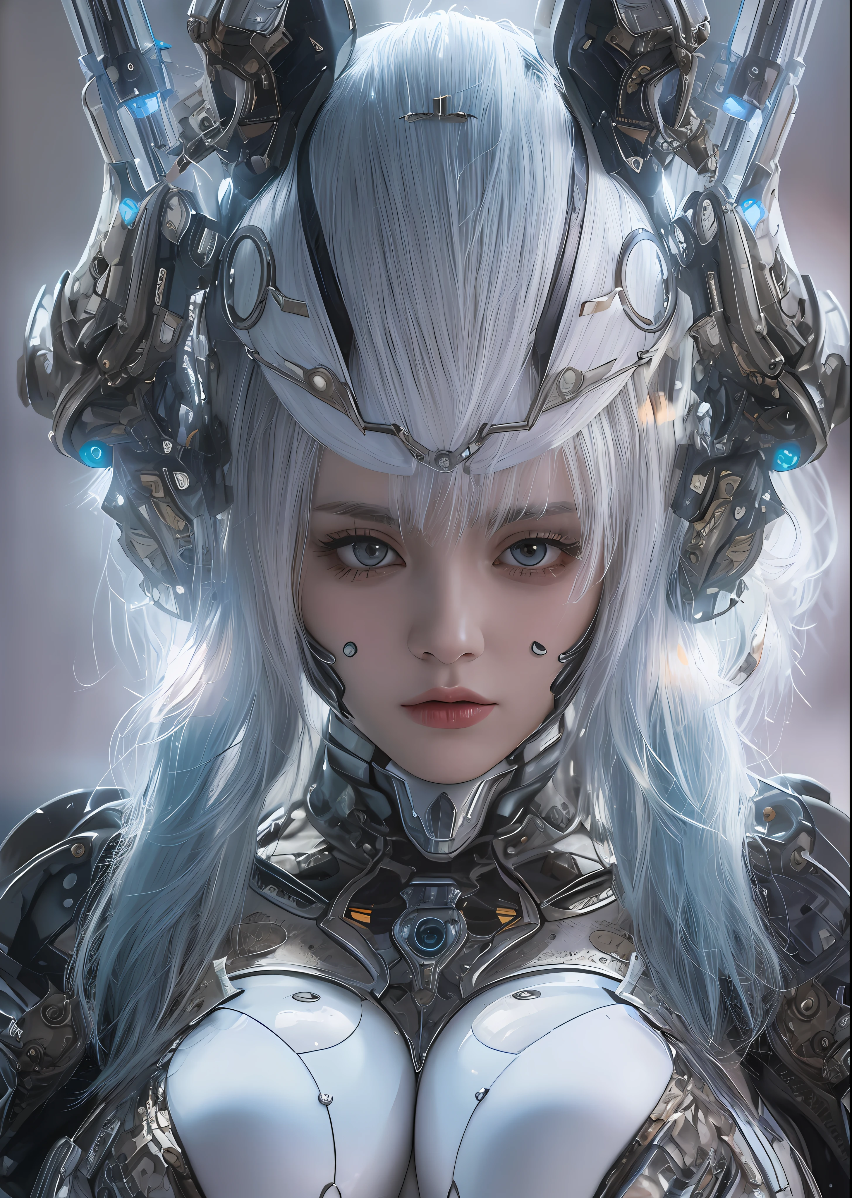 top-quality、masterpiece、超A high resolution、(Photorealsitic:1.4)、Raw photo、Battle Cyborg Angel、large wings made of metal、White porcelain body、Acrylic Clear Cover、white hair、glowy skin、1 Cyborg Girl、((super realistic details))、portlate、globalillumination、Shadow、octan render、8K、ultrasharp、character edge light,Colossal tits、Raw skin is exposed in cleavage、Details of complex ornaments、Gothloli details、Hydraulic cylinder、Small LED lamp、highly intricate detail、Realistic light、a purple eye、radiant eyes、Facing the camera、neon details、cowboy shot、Futuristic headgear、About Cyberpunk、、
