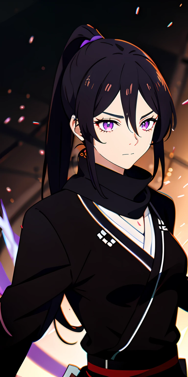 upper body, 1girl, black hair with purple high lighs, ponytail, purple eyes, (ninja), short sword, medium breats ,scarf, wallpaper, magic circle background, light particles, blue fire,