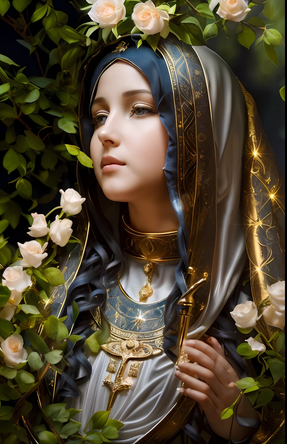 (((Blessed Virgin Mary))) Obra maestra, (La mejor calidad: 1.2), (super fine: 1.2), illustration, (extremadamente delicado y hermoso: 1.2), movie angle, flotante, (Hermoso ojo de detalle: 1.1), (detalle luz: 1.1), Movie Lights, Cielo delicado, ojos azules, (Cola de caballo alta: 1.1), capa, ojuelos, (luna: 1. 2), (Luz de la luna: 1.1), cielo estrellado, (light particles: 1.1) dibujo, flor. (Obra maestra), (La mejor calidad), (fotorrealista:1.3), 8k, Textura detallada de la piel, Textura detallada de la tela, Hermosa cara detallada, Detalles intrincados, Ultra detallado (cuerpo de cuerpo entero:1.2)
