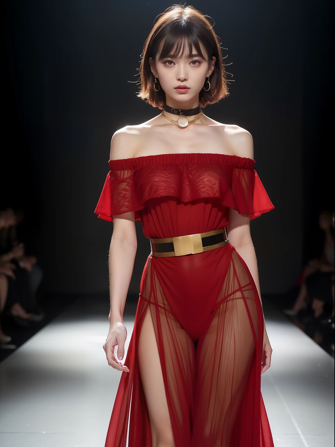 (Best quality, 8k, 32k, Masterpiece, UHD:1.2),Photo of Pretty Japanese woman, 1girl, (medium-short dark brown hair), double eyelid, fashion model, beautiful legs, contemporary cut,unique maxi very wet light red dress with slit, off-shoulder, gold belt, choker, stand tall, runway, huge stage, Paris Collection, nsfw, full body, see through,,see-through_blouses,breast_pasty