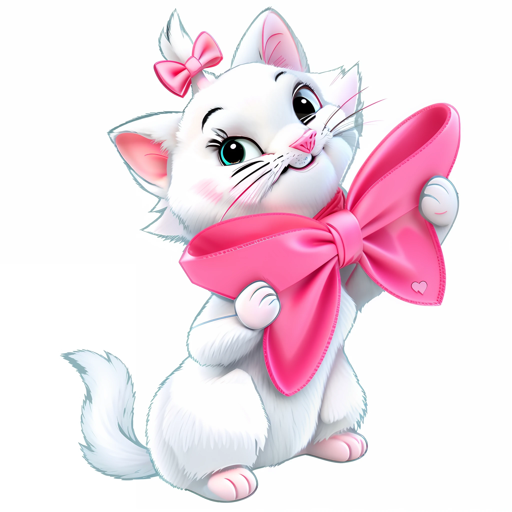 Cartoon cat with pink bow holding a pink heart, Gato Bambi da Disney, Gato branco em um vestido rosa, muito bonita gatinha fofa, Branco ( Gato ) garota, por disney, gatinho, menina do gato branco, anthropomorphic female cat, caixa, fofo:2, alta - res, alta resolução, aw, personagem bonito dos desenhos animados, um gato bonito