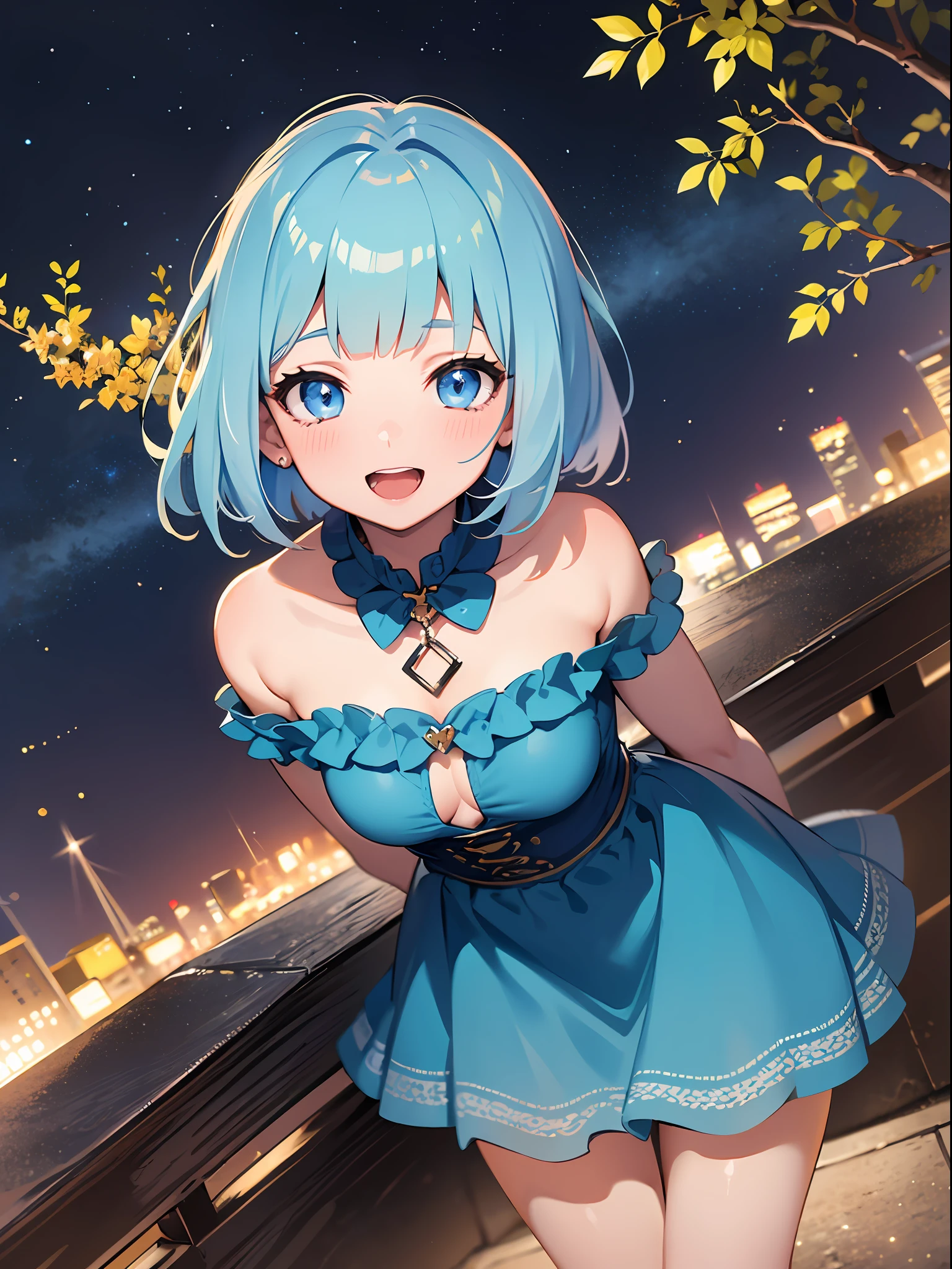 (masterpiece:1.3), (best quality:1.3), high resolution, 


overlook view, couboy shot, 
leaning forward, body facing forward, 

(one cute girl:1.3), solo, 
white skin, small Breast, eight-headed person, 
light blue hair, (bobbed hair:1.2), (short hair:1.1), (blunt bangs:1.2), beautiful hair, blue eyes, beautiful detailed eyes, 

blush, open mouth, cheerful smile, 

short dress, blue check skirt, 

outdoors, (night:1.2), ocean, Starry sky in beautiful detail, night sky, 

shadowlighting,