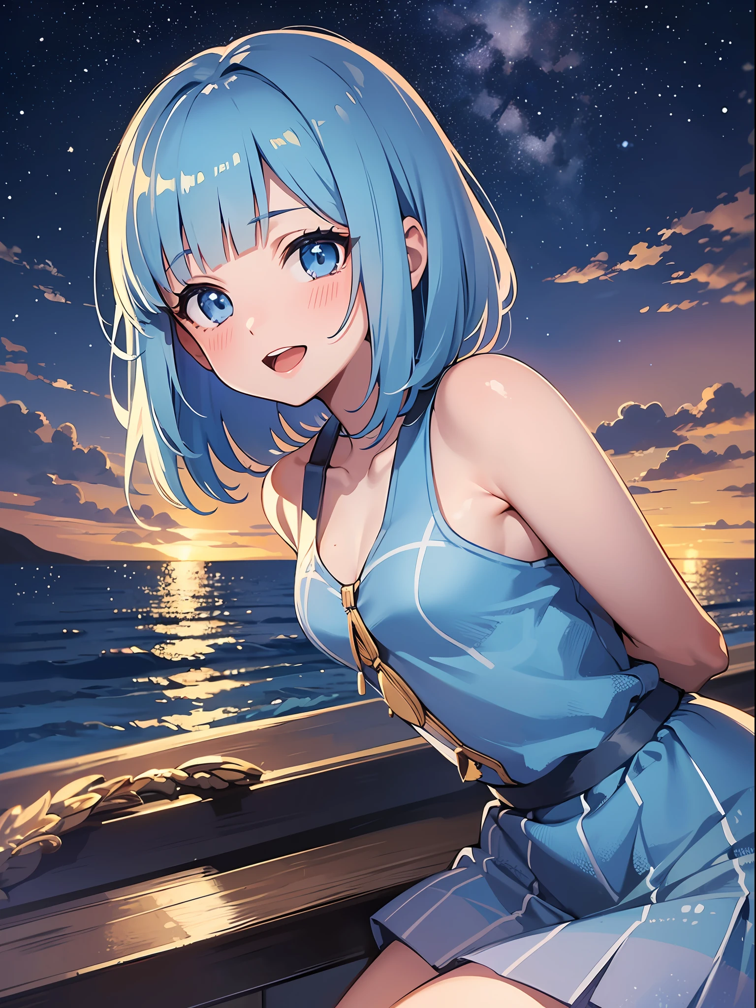 (masterpiece:1.3), (best quality:1.3), high resolution, 


overlook view, couboy shot, 
leaning forward, body facing forward, 

(one cute girl:1.3), solo, 
white skin, small Breast, eight-headed person, 
light blue hair, (bobbed hair:1.2), (short hair:1.1), (blunt bangs:1.2), beautiful hair, blue eyes, beautiful detailed eyes, 

blush, open mouth, cheerful smile, 

short dress, blue check skirt, 

outdoors, (night:1.2), ocean, Starry sky in beautiful detail, night sky, 

shadowlighting,