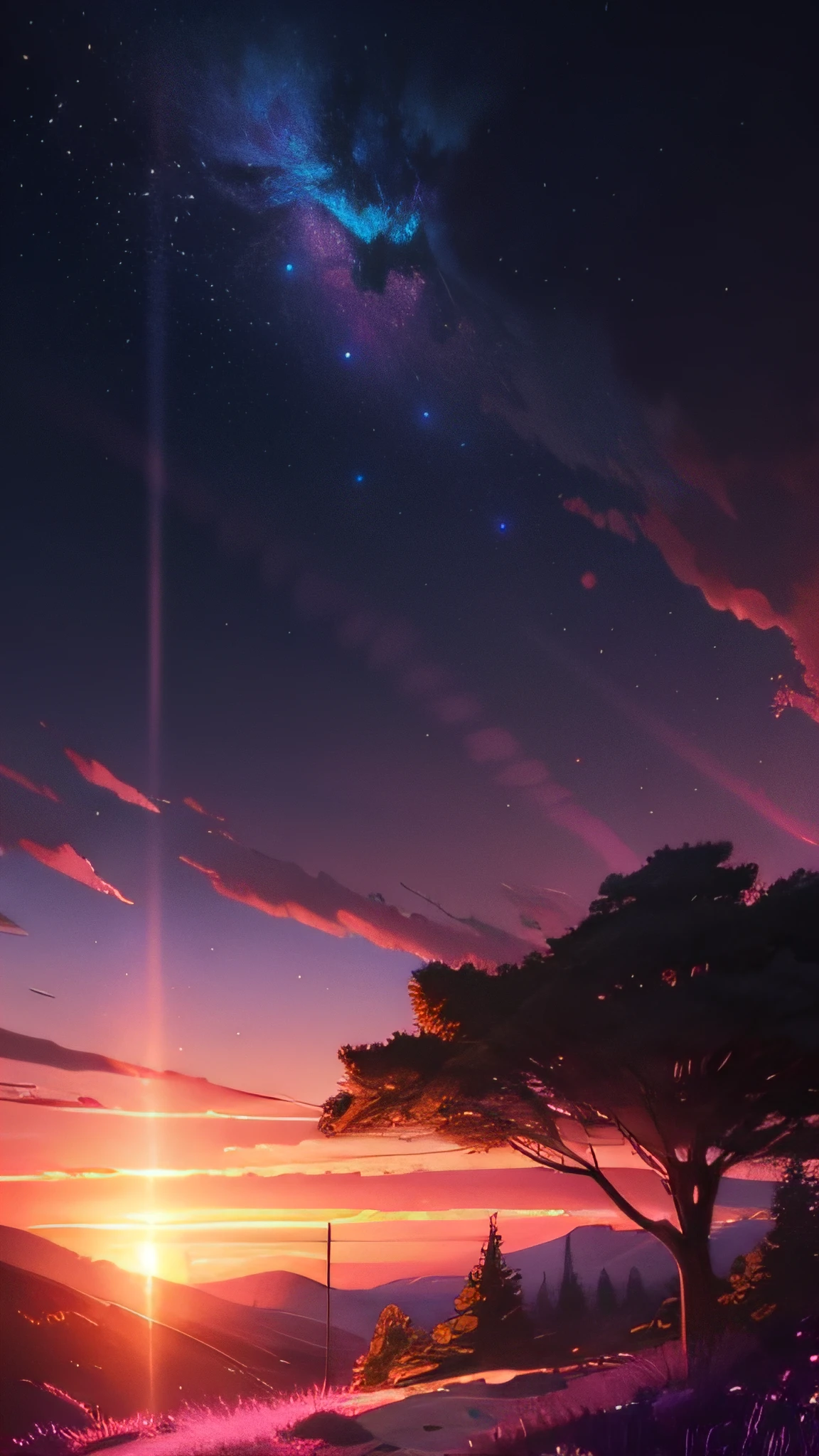 Bright picture, full of light, (((Makoto Shinkai style)), pixiv, anime painting, high quality, pink and violet sky, beautiful scene), (universe, train passing by, magical realism, ((makoto shinkai style)) ::0.8), [artistic atmosphere, atmosphere:0.8, starry sky, hills, snowy mountains, sparkling water, grass, trees, smoke, stars, low viewing angle, high light scattering