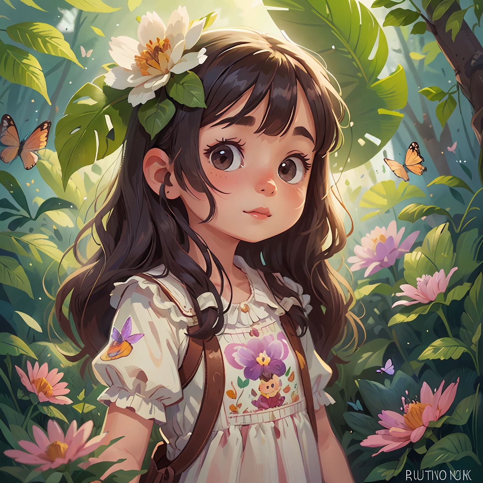 Tip: A very charming girl enjoying a lovely summer surrounded by beautiful flowers surrounded by butterflies and nature. The illustration is a high-definition illustration in 4K resolution with highly detailed facial features and cartoon-style visuals.