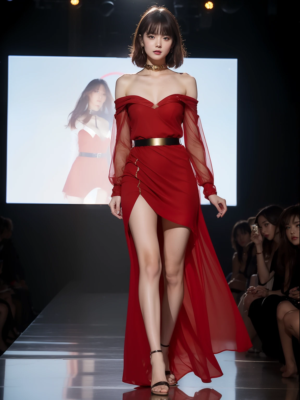 (Best quality, 8k, 32k, Masterpiece, UHD:1.2),Photo of Pretty Japanese woman, 1girl, (medium-short dark brown hair), double eyelid, fashion model, beautiful legs, contemporary cut,unique maxi very wet light red dress with slit, off-shoulder, gold belt, choker, stand tall, runway, huge stage, Paris Collection, nsfw, full body, see through,,see-through_blouses,breast_pasty