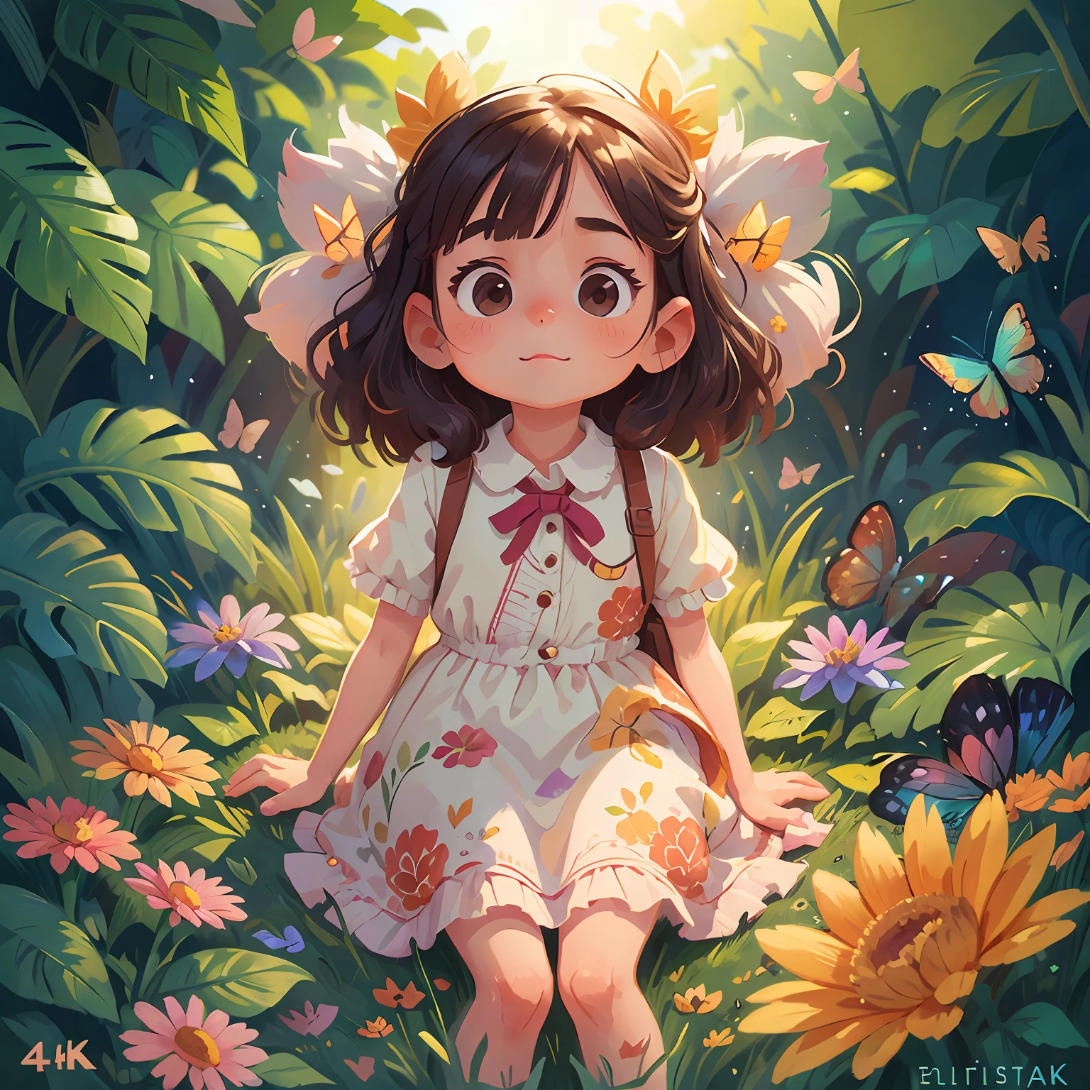 Tip: A very charming little girl enjoying a lovely summer surrounded by beautiful flowers surrounded by butterflies and nature. The illustration is a high-definition illustration in 4K resolution with highly detailed facial features and cartoon-style visuals.