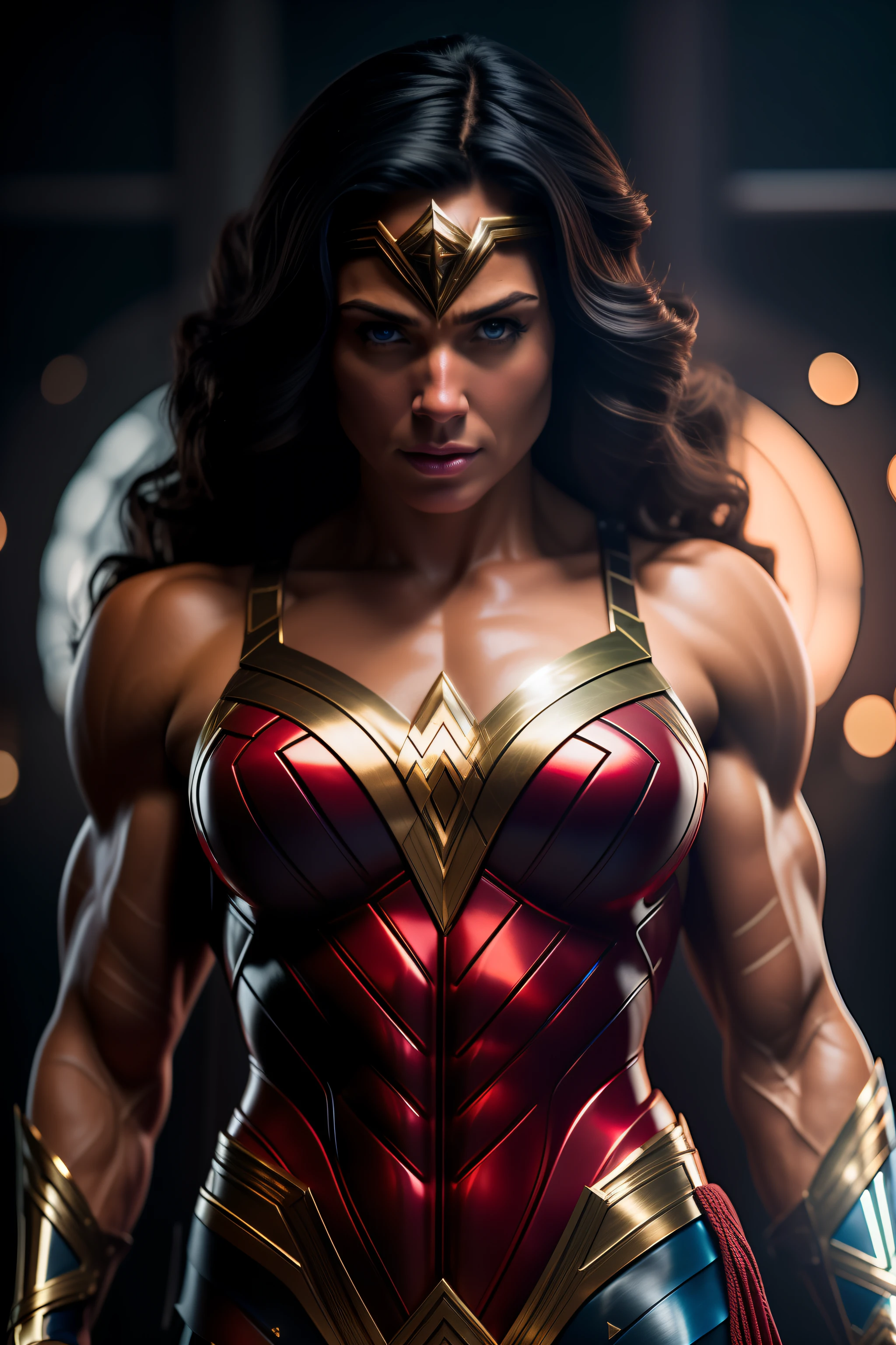 Cinematic soft lighting illuminates a stunningly detailed and ultra-realistic Wonder Woman bodybuilder, muscular, super strong, red and blue armor, that is trending on ArtStation. Octane is the perfect tool to capture the softest details of this 16k photography masterpiece
