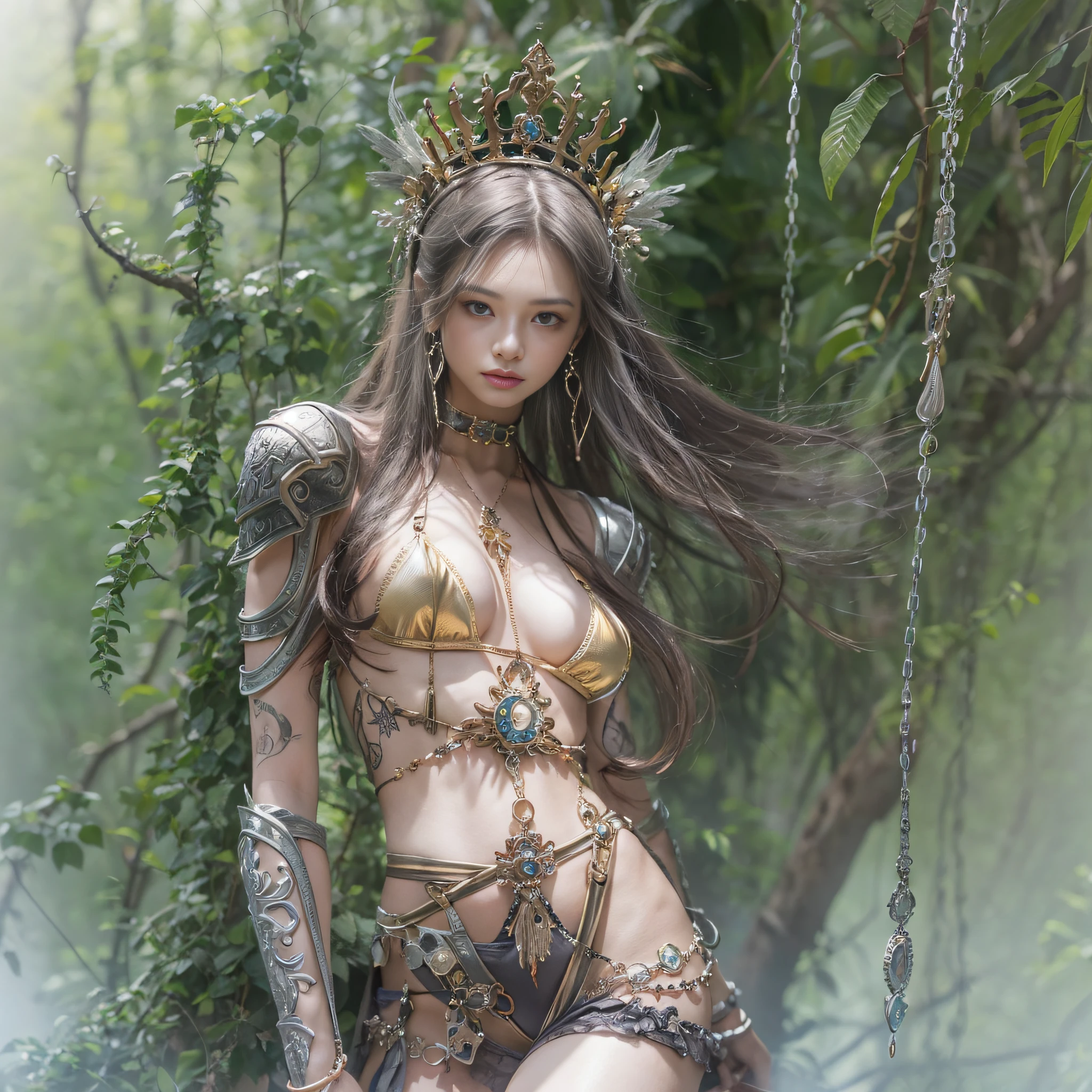 ((​masterpiece)、(top-quality)、(reallistic))、beautiful queen、Bondage style、latex shiny、By Luis Royo:1.4、1girl in、Sexy Daughter、Small fashionable tattoos、Attractive earrings with impressive beauty、a choker、a necklace、piercings、Super beauty、Super Ultra Ultra Bikini、standingn、fullllbody、Beauty in return、Fantastic mythological landscape