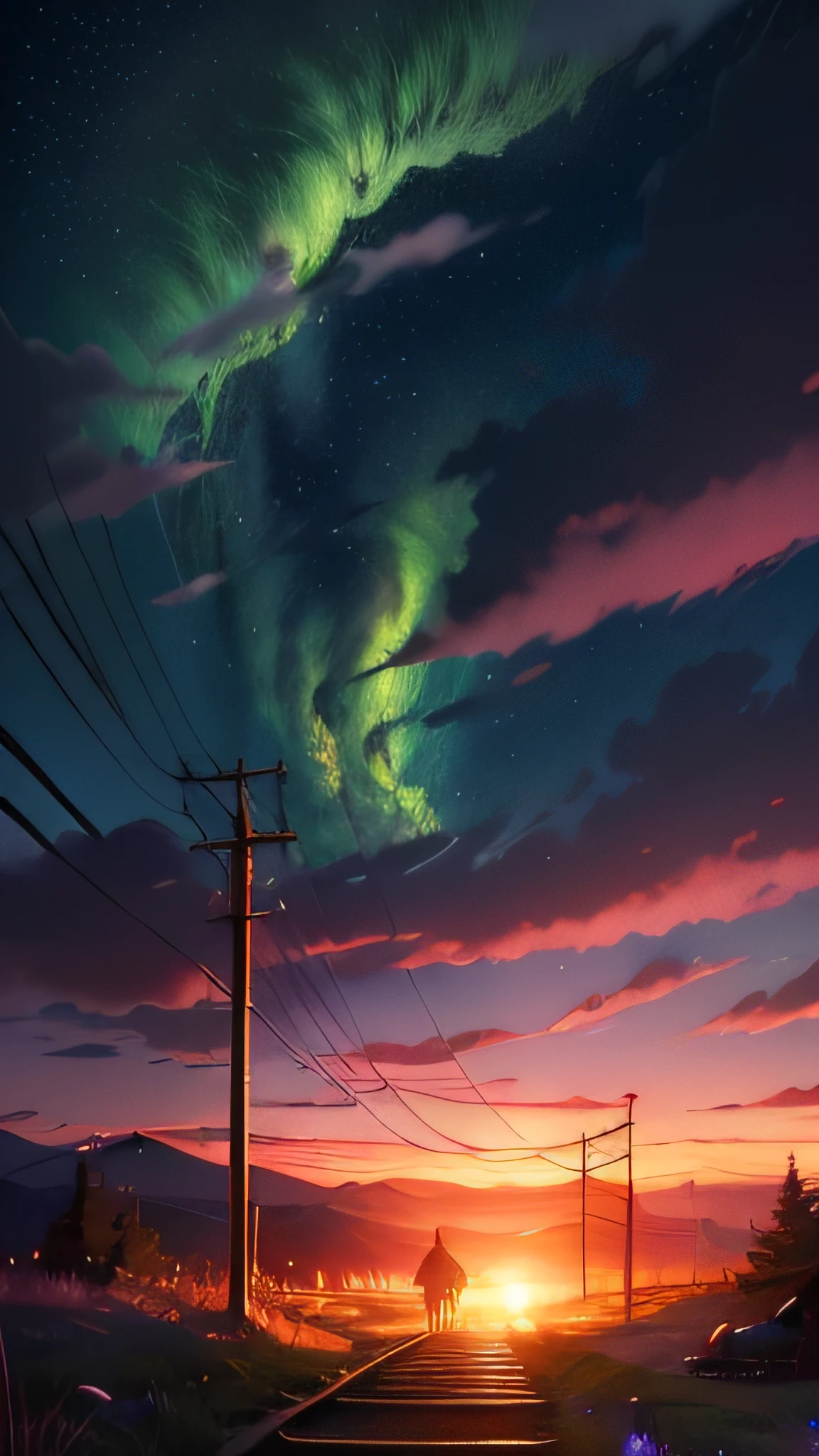 Bright picture, full of light, (((Makoto Shinkai style)), pixiv, anime painting, high quality, pink and violet sky, beautiful scene), (universe, train passing by, magical realism, ((makoto shinkai style)) ::0.8), [artistic atmosphere, atmosphere:0.8, starry sky, hills, snowy mountains, sparkling water, grass, trees, smoke, stars, low viewing angle, high light scattering
