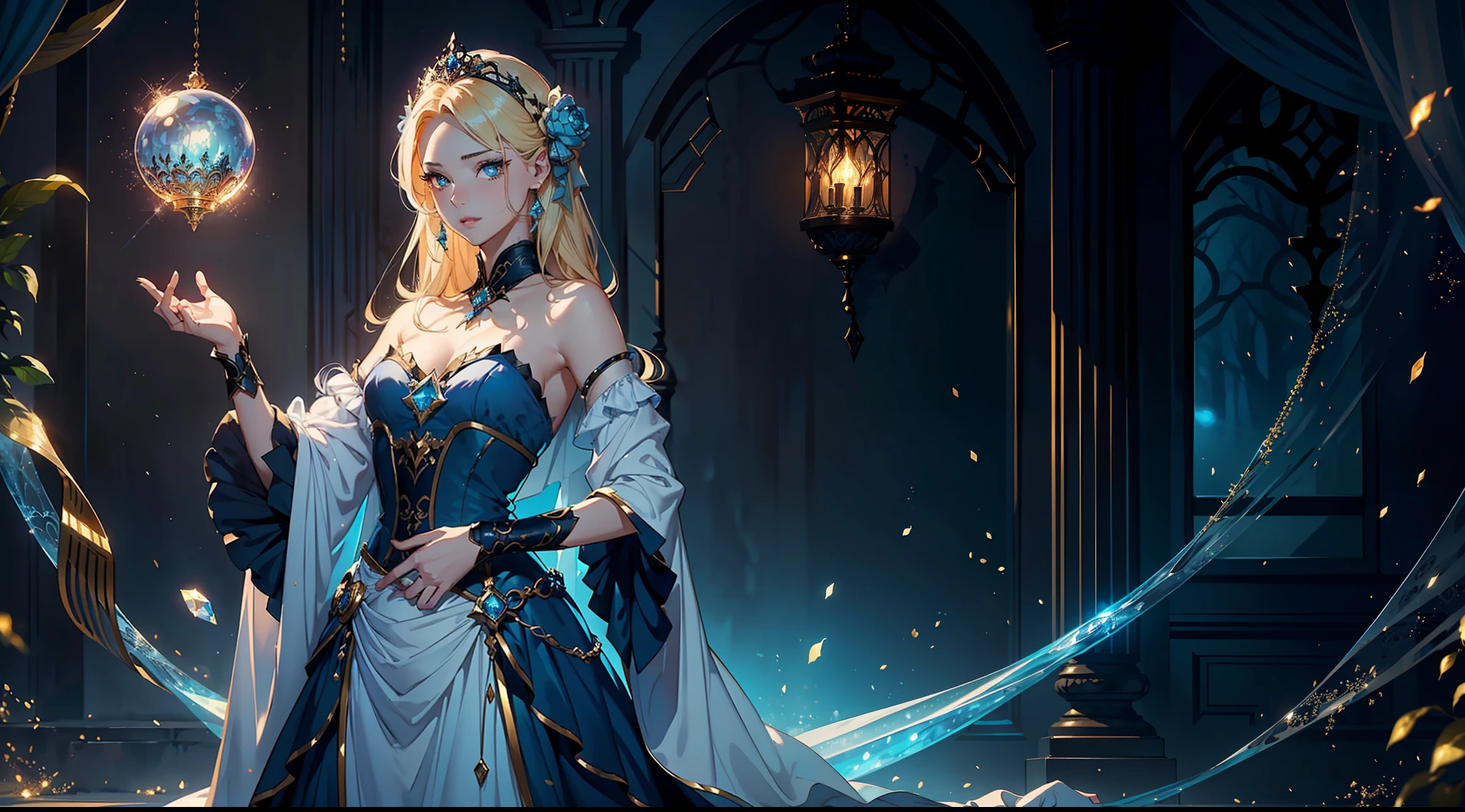 Charming blonde girl with fair skin, In her slender hand she held a charming crystal ball.(full body pov:1.5), (Fantasy art style: 1.2), (Magical and charming atmosphere: 1.3), (Luminous elements: 1.1), (Fine details of the garment: 1.2), (Subtle makeup,Faint shimmer: 1.1), (Mysterious Expression: 1.3), (Gorgeous pattern on the robe: 1.2), (Realistic portrait with a touch of fantasy: 1.4), (Inspired by the work of Victoria Francis: 1.3), (featured on Artstation: 1.1), (Emphasis on creating depth: 1.2), (Cool tones with a hint of blue: 1.1)