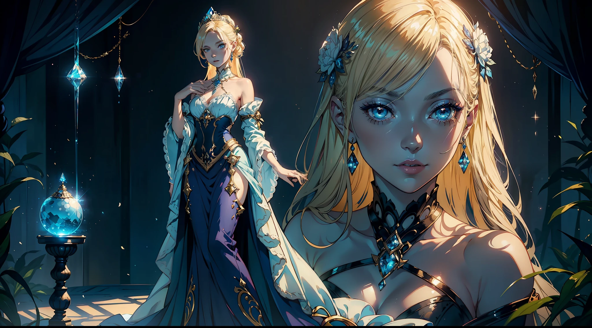 Charming blonde girl with fair skin, In her slender hand she held a charming crystal ball.(full body pov:1.5), (Fantasy art style: 1.2), (Magical and charming atmosphere: 1.3), (Luminous elements: 1.1), (Fine details of the garment: 1.2), (Subtle makeup,Faint shimmer: 1.1), (Mysterious Expression: 1.3), (Gorgeous pattern on the robe: 1.2), (Realistic portrait with a touch of fantasy: 1.4), (Inspired by the work of Victoria Francis: 1.3), (featured on Artstation: 1.1), (Emphasis on creating depth: 1.2), (Cool tones with a hint of blue: 1.1)