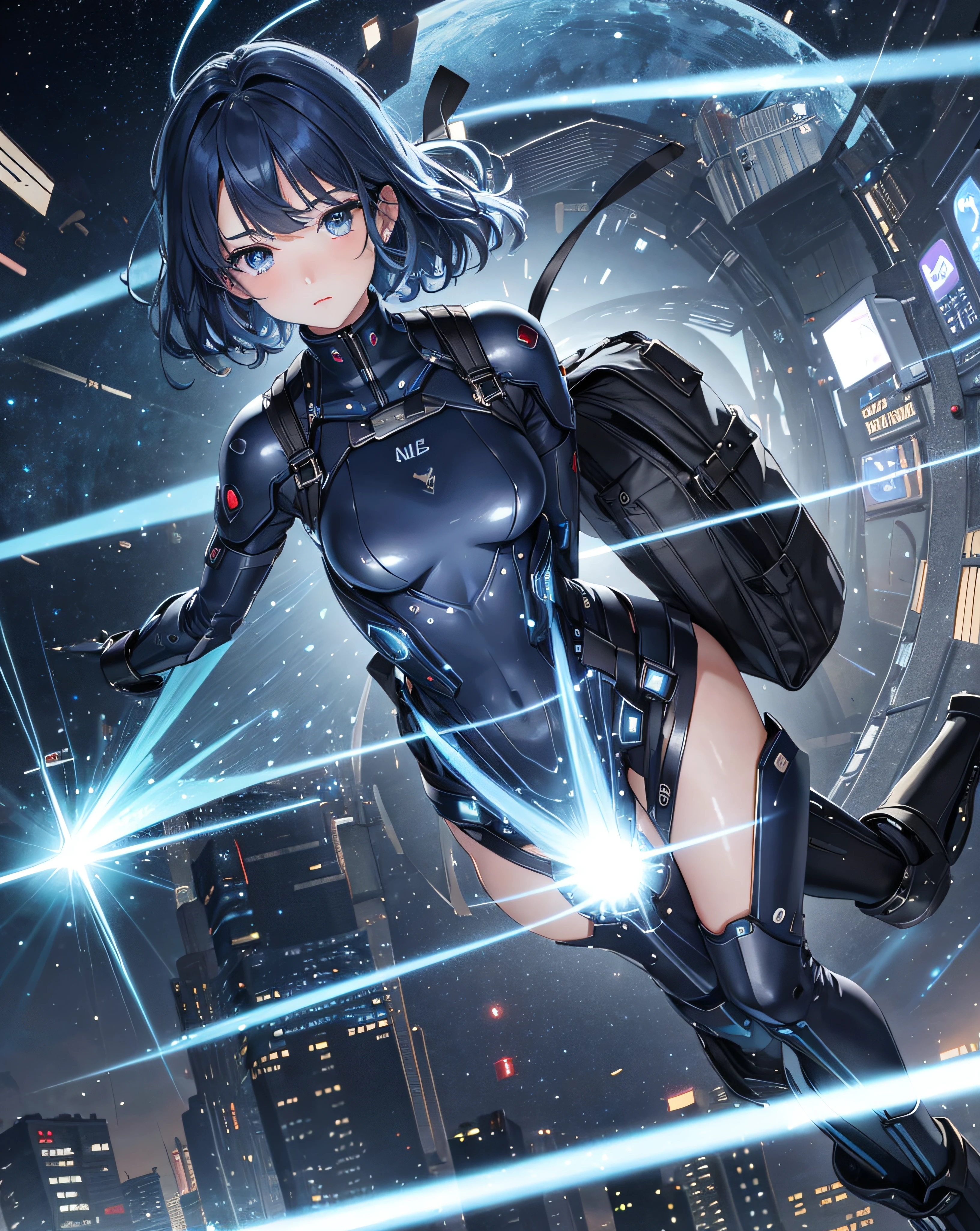 BREAK、1girl in、独奏、looking at the viewers、(young cute beautiful 18-year-old girl:1.1)、3D顔、beautiful a girl、beautiful countenance、cute little、Girlface、Kpop Idol、super model、Stunning innocent symmetrical face、(Hands of Guido Daniele)、Perfect body、Medium Breasted、Slim waist、Slim legs、(High Detail Skins:1.2)、radiant eyes、goddes、natural skin textures、shinny skin、de pele branca、beautifull detailed face、A detailed face、Authentic skin texture、Cute delicate face、finerly detailed face、the golden ratio、Golden Ratio Face、Expressive eyes、face perfect、flawless skin、Clear face、shinny hair、Proper body proportions、perfect anatomia、realistic skin textures、luscious lips、shiny lips、Natural makeup、Beautiful bright pupils、Slender figure、intricate eyes、Detailed pupils、 finely detailed face and eyes、long eyeslashes、red blush、Good Hand、perfect hand、Clean face、beautiful female bodies、Fine fine skin、oily shiny skin、(((((Mechanical halo、Star Hello、Complex mechanical bodysuit、Navy blue and black bodysuit、full armor、(Colorful glow floating:1.2)、(Energy Beam:1.3)、(Highly detailed worn metal texture:1.3)、scientific fiction、(Dark blue hair、Navy Blue theme、Blue coloring、Blue eyes:1.3)、Very long hair、(A human who emits an aura from his body:1.4)、(Blue Solo、Lone Girl、Japan Faces、short-cut、lightonface、Slim body、exoskeleton、metal gear、Cyberpunk style、(the perfect body:1.4)、Glittering blue colored eyes、Black and navy blue bodysuit、Tight Fit Clothing、Clothing that covers the whole body、Clothes that hide the skin、extremely delicate and beautiful、detailed skins、Slim body、Gentle smile、heroine、long boots、Gloves up to the elbow、Clothes that hide the skin、front facing、The energy light that turns towards the viewer is emitted from the body:1.4)、(Whole human body:2)、(lightning discharge lightning effects:1.2)、(Electrocution:1.3)、(Luminescent particles:1.4)、Hold the gun、buttle、(electric sparks、spark of light、Flying bullets、Dodge bullets、Buildings hit by missiles、Future technology drones hit laser weapons:1.3)、Adventurous appearance、stary sky、Colorful refraction、World of Wormholes、futuristic city street、cyberpunked、makina、 Very metallic texture、Neon light、(Night:1.4)、the wind、Rembrandt lighting、Space Warp、Fog、Pixel art、game art、key visual、Surreal、PBR Texturing、Anisotropy Filtering、Maximum clarity and sharpness、Albedo and specular maps、Multilayer Texture、Surface Shading、sub-pixel convolution、Accurate simulation of light-material interactions))))、(pureerosface_v1:0.5)、(ulzzang-6500:0.5)、(nffsw:0.6)、Facing the viewer、Future bride、Legendary girl、Childhood、Super lucky、Save the world、Future daughter-in-law、Compassion、Manifest in reality、Help me、Erudition、Intelligent、Eternal Life、Outstanding motor nerves、Have a sense of humor、One Love、dynamic ungle、Dynamic Actions、kindliness、Unremitting Love、Eternal youth、Always with you、Disease-free、Language proficiency、Lovesickness and love、Man of fate、Time Traveler、Kayowasa、vivaciousness、I feel energized when I'm with you))、(time machine、Beyond Time and Space、quantum computer、Transcendent、Big bang、How it all began、Skyscraper、Weapons of the future、rucksack、World conquest、leeway、rescue、Stargate、Encounters with the unknown、The real world、Planktonic、embers、battle field、Volumetric fog、Gray fog、fumo、 explosions、Apocalyptic、destroyed city background、buildings on fire:1.3)、