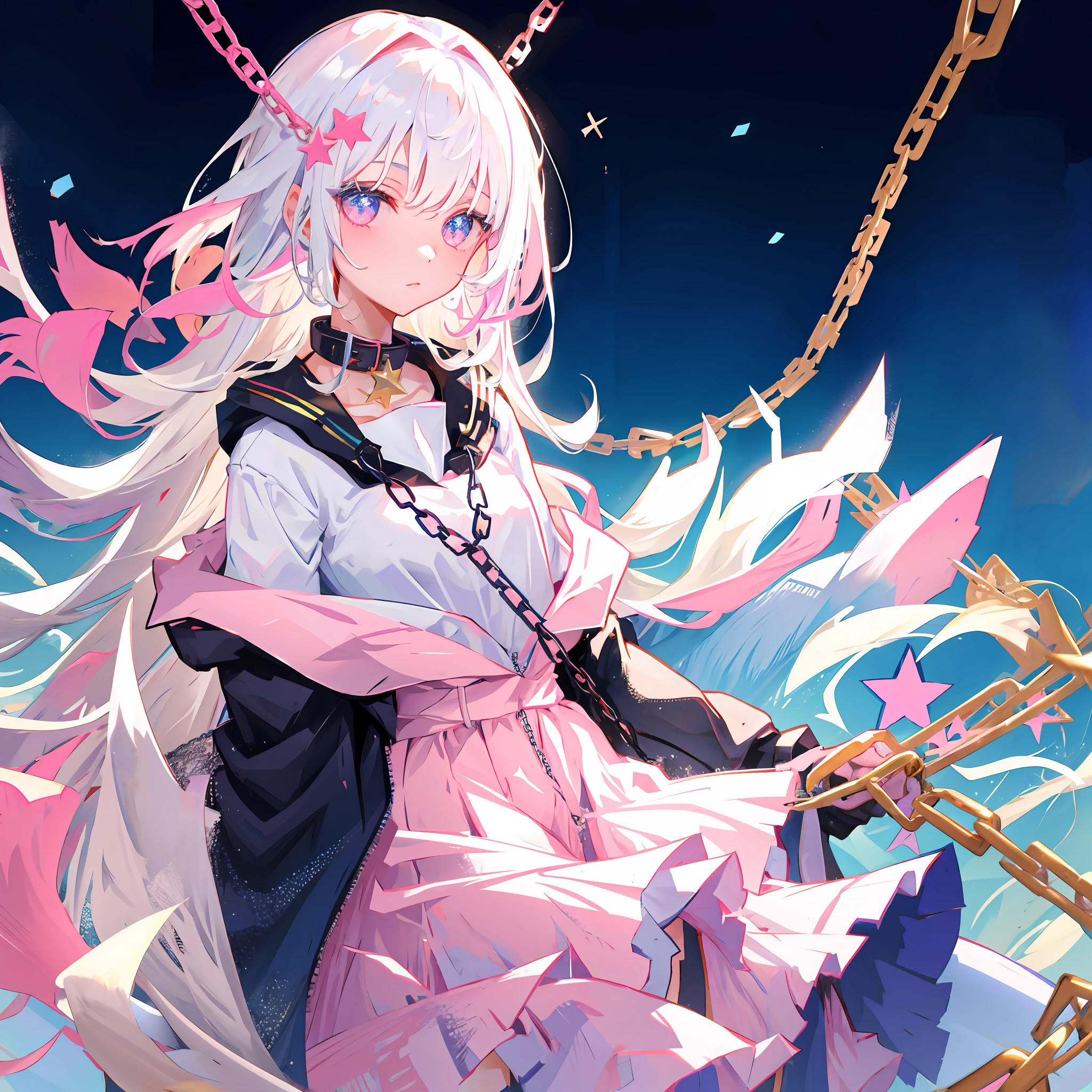 A girl with white hair and pink star eyes with a collar，And give you the end of the chain to which the collar is attached