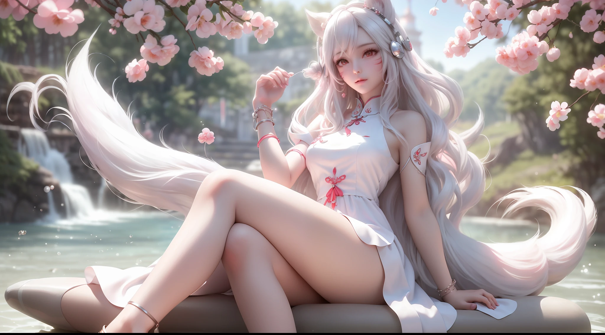 1Blittle girl,Long silver-white hair that reaches the waist,Sad face details,Gray-red cheongsam,Silver bracelet detail,Long legs,skin is delicate,With headset,Explosive effect,Sadly sitting by the water,Water reflection effects