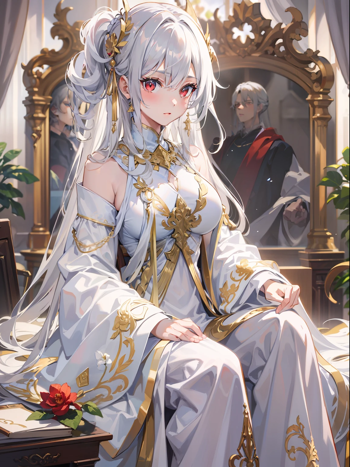 (Masterpiece level:1.4)Ultra-detailed picture quality(Beautiful silver-haired girl:1.4),red - eyed,Elegant aristocratic countenance,wearing white robes with,Robe gold pattern,Best 8K quality,Optimal color rendering,Best shadow effect,adolable,big breasts beautiful。
