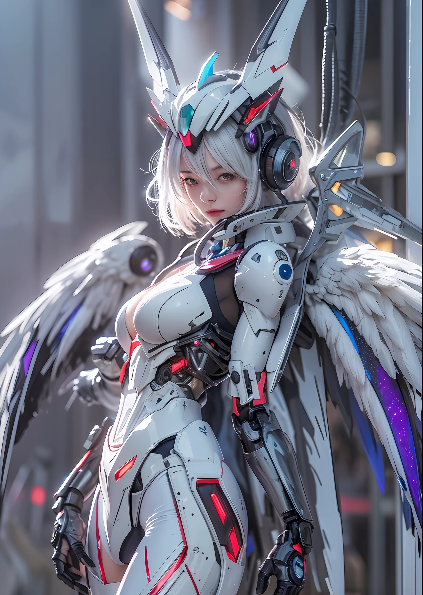 top-quality、​masterpiece、超A high resolution、(Photorealsitic:1.4)、Raw photo、Battle Cyborg Angel、large wings made of metal、White porcelain body、Acrylic Clear Cover、white  hair、glowy skin、1 Cyborg Girl、((super realistic details))、portlate、globalillumination、Shadow、octan render、8K、ultrasharp、character edge light,Colossal tits、Raw skin is exposed in cleavage、Details of complex ornaments、Gundam details、Hydraulic cylinder、Small LED lamp、highly intricate detail、Realistic light、a purple eye、radiant eyes、Facing the camera、neon details、cowboy  shot、Futuristic headgear、About Cyberpunk、、