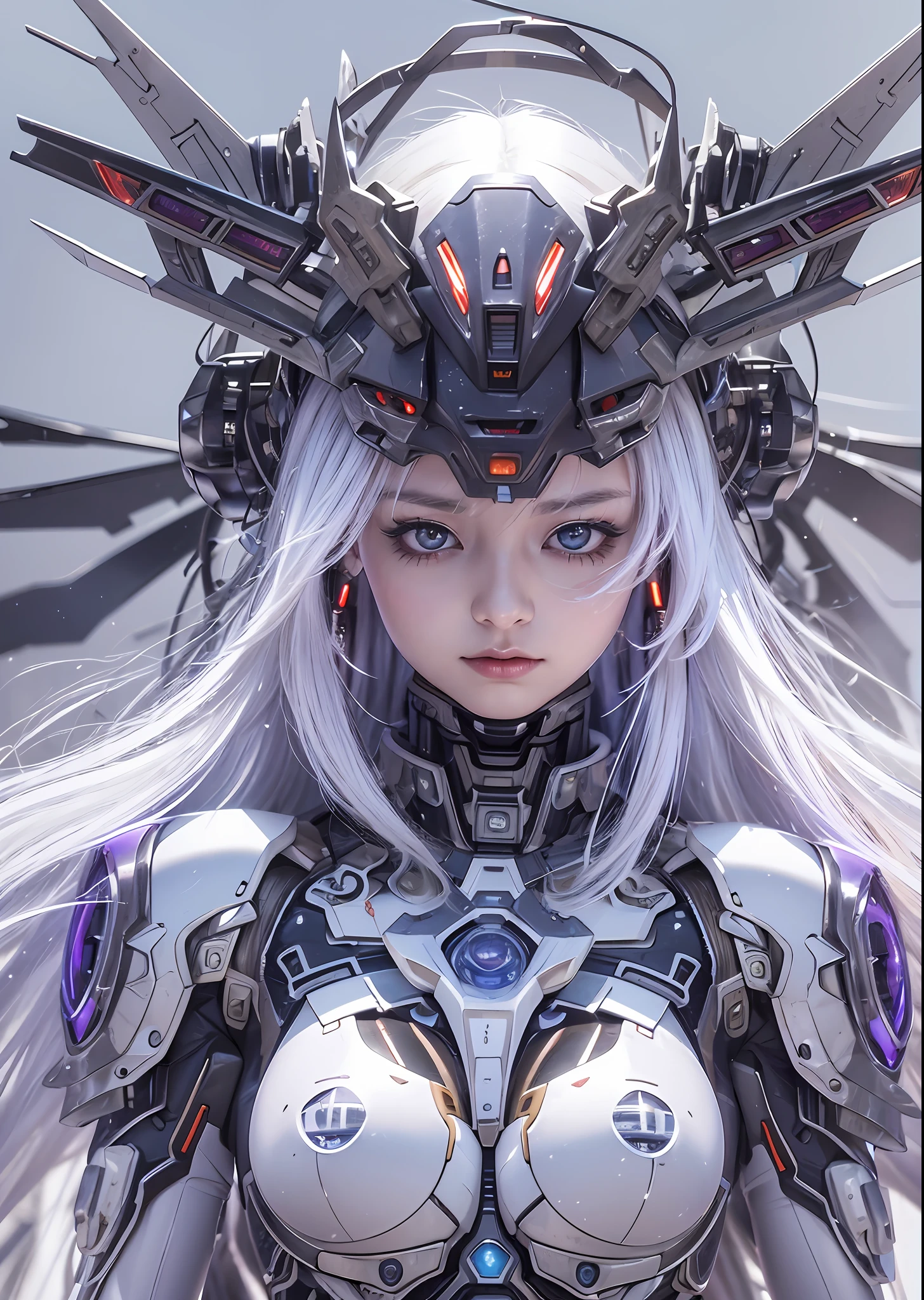 top-quality、masterpiece、超A high resolution、(Photorealsitic:1.4)、Raw photo、Battle Cyborg Angel、large wings made of metal、White porcelain body、Acrylic Clear Cover、white hair、glowy skin、1 Cyborg Girl、((super realistic details))、portlate、globalillumination、Shadow、octan render、8K、ultrasharp、character edge light,Colossal tits、Raw skin is exposed in cleavage、Details of complex ornaments、Gundam details、Hydraulic cylinder、Small LED lamp、highly intricate detail、Realistic light、a purple eye、radiant eyes、Facing the camera、neon details、cowboy shot、Futuristic headgear、About Cyberpunk、、