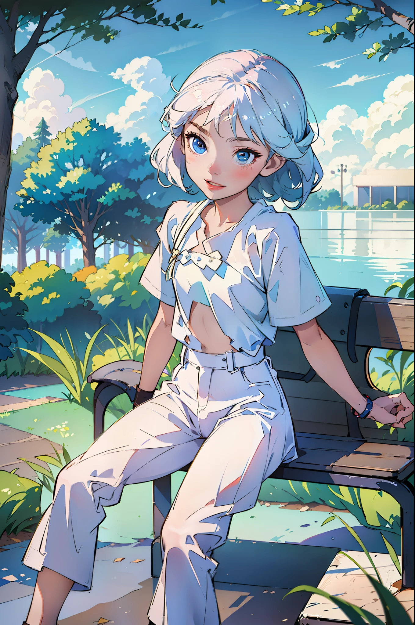 masterpiece, highest quality, full body , 1girl, ((ite body)), little, ((flat chest)), white shirt, white pants, smiling, happy, cute, school girl, ((innocent)), small, petite, ((sitting on a park bench)), ((tugging on shirt))